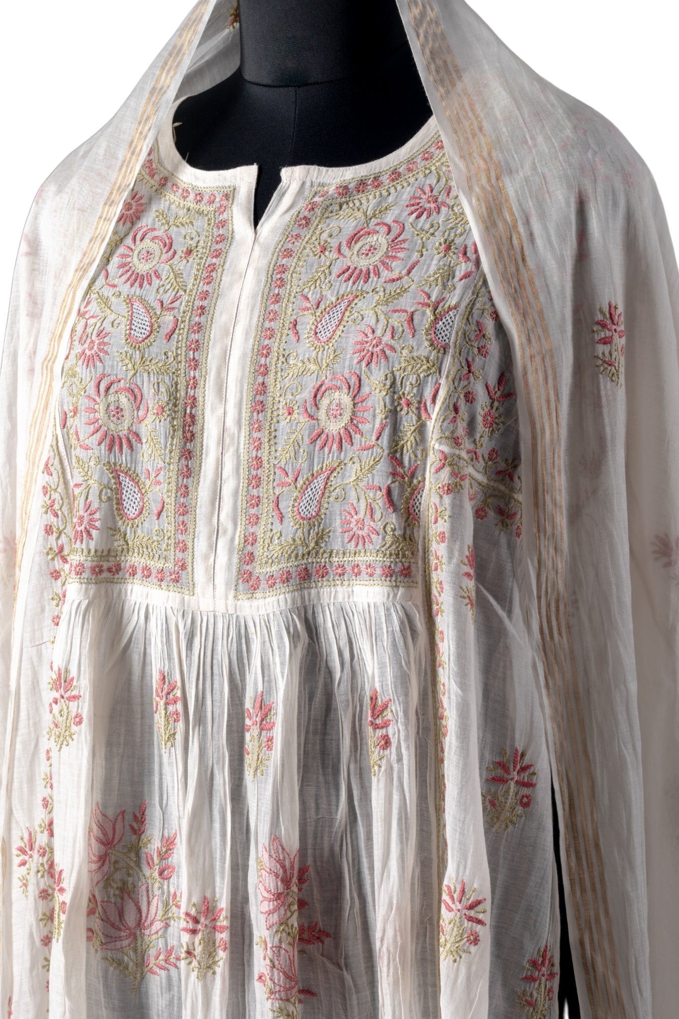 Mul Chanderi Semi-stitched Chikankari Anarkali Suit (3 Piece, Off-White with Coloured Embroidery)
