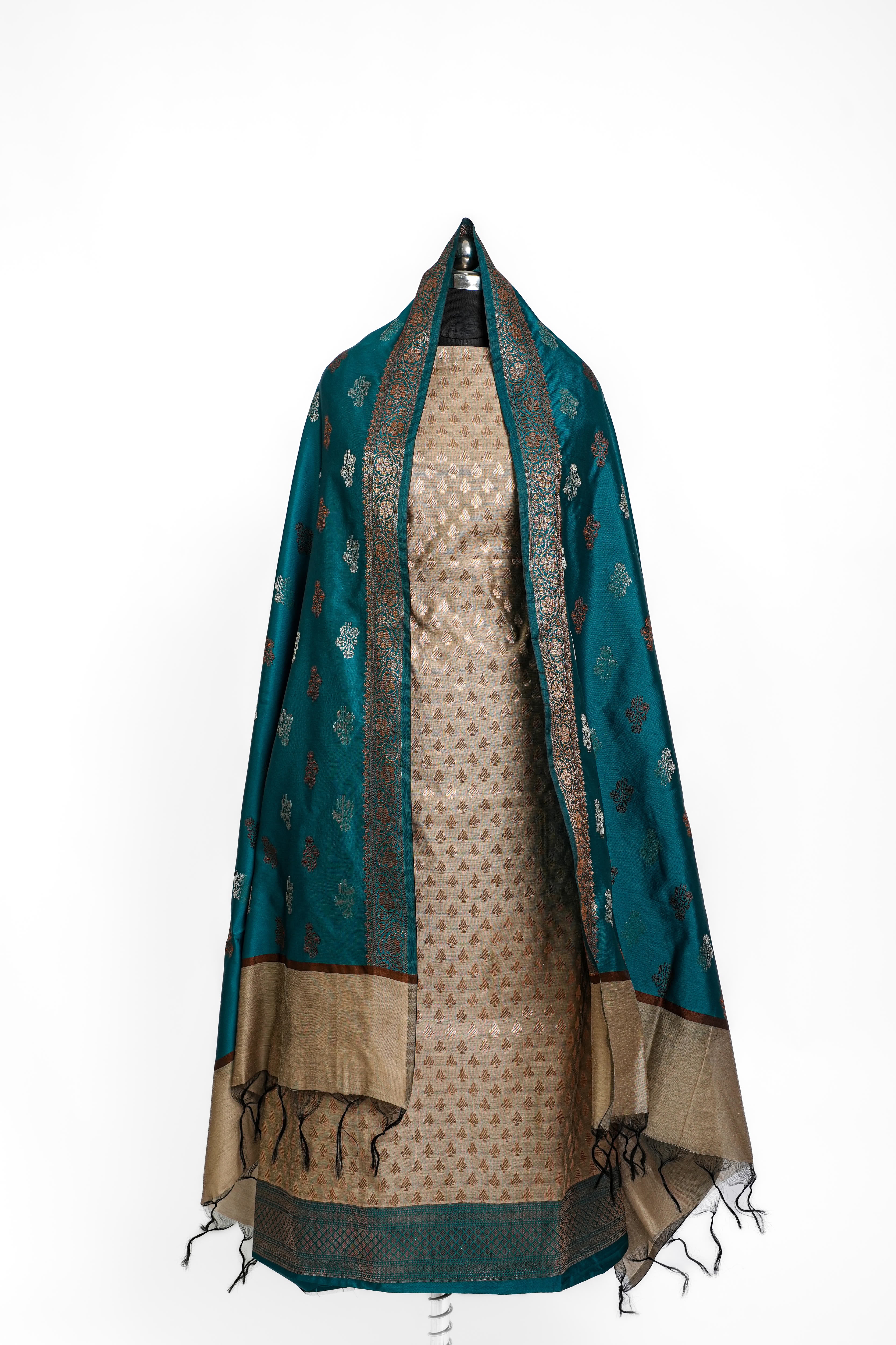 Banarasi Silk Suit(3 Piece, Unstitched, Beige/Green)