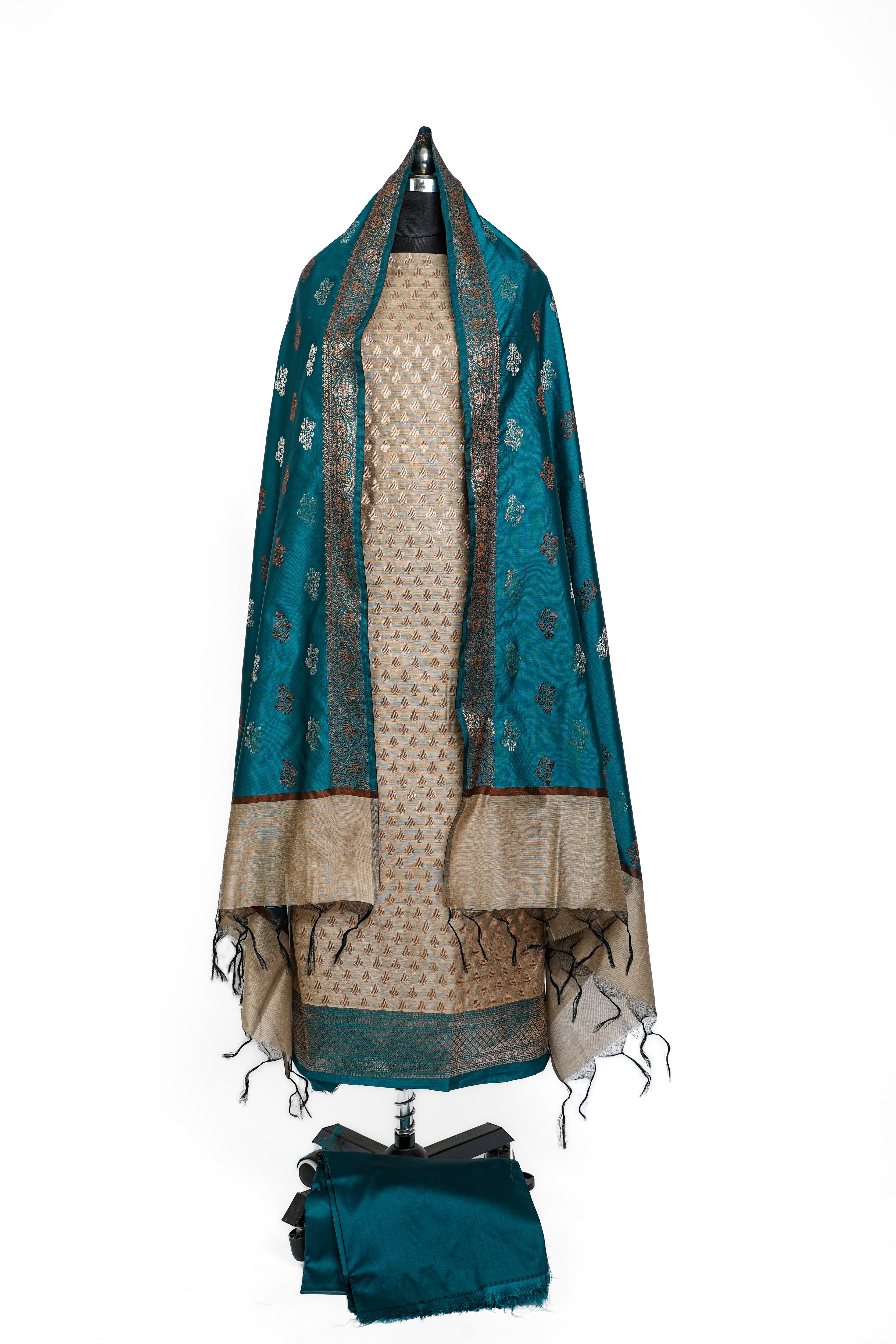 Banarasi Silk Suit(3 Piece, Unstitched, Beige/Green)
