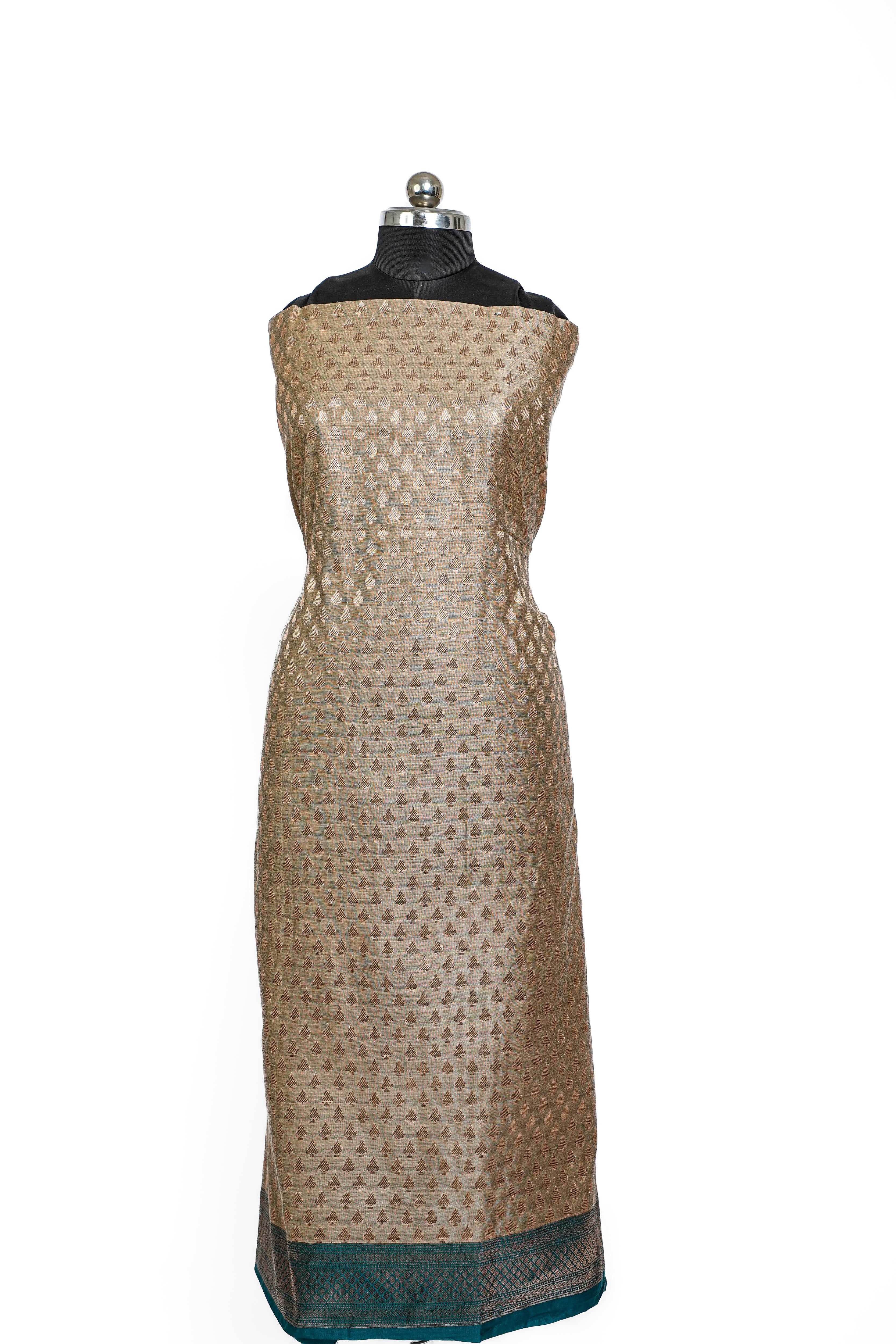 Banarasi Silk Suit(3 Piece, Unstitched, Beige/Green)