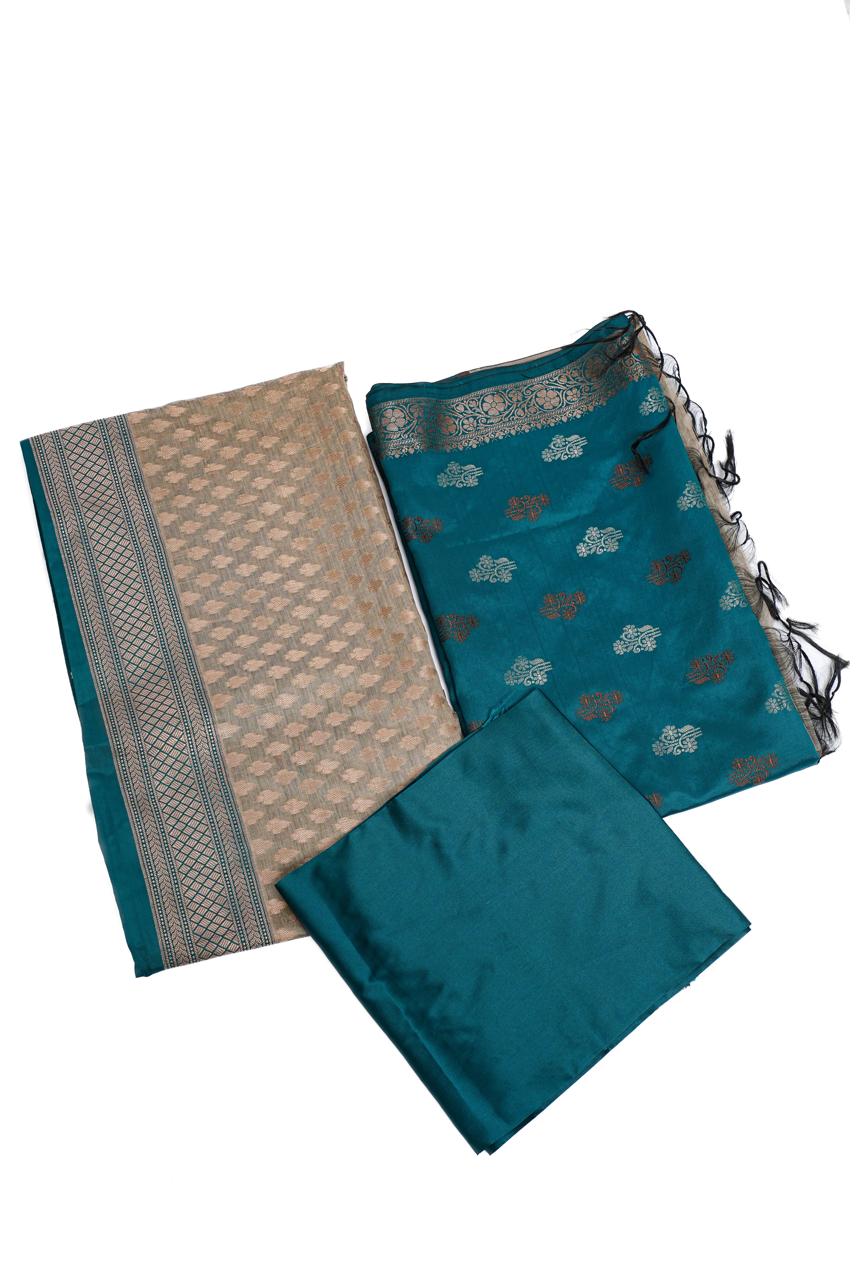 Banarasi Silk Suit(3 Piece, Unstitched, Beige/Green)
