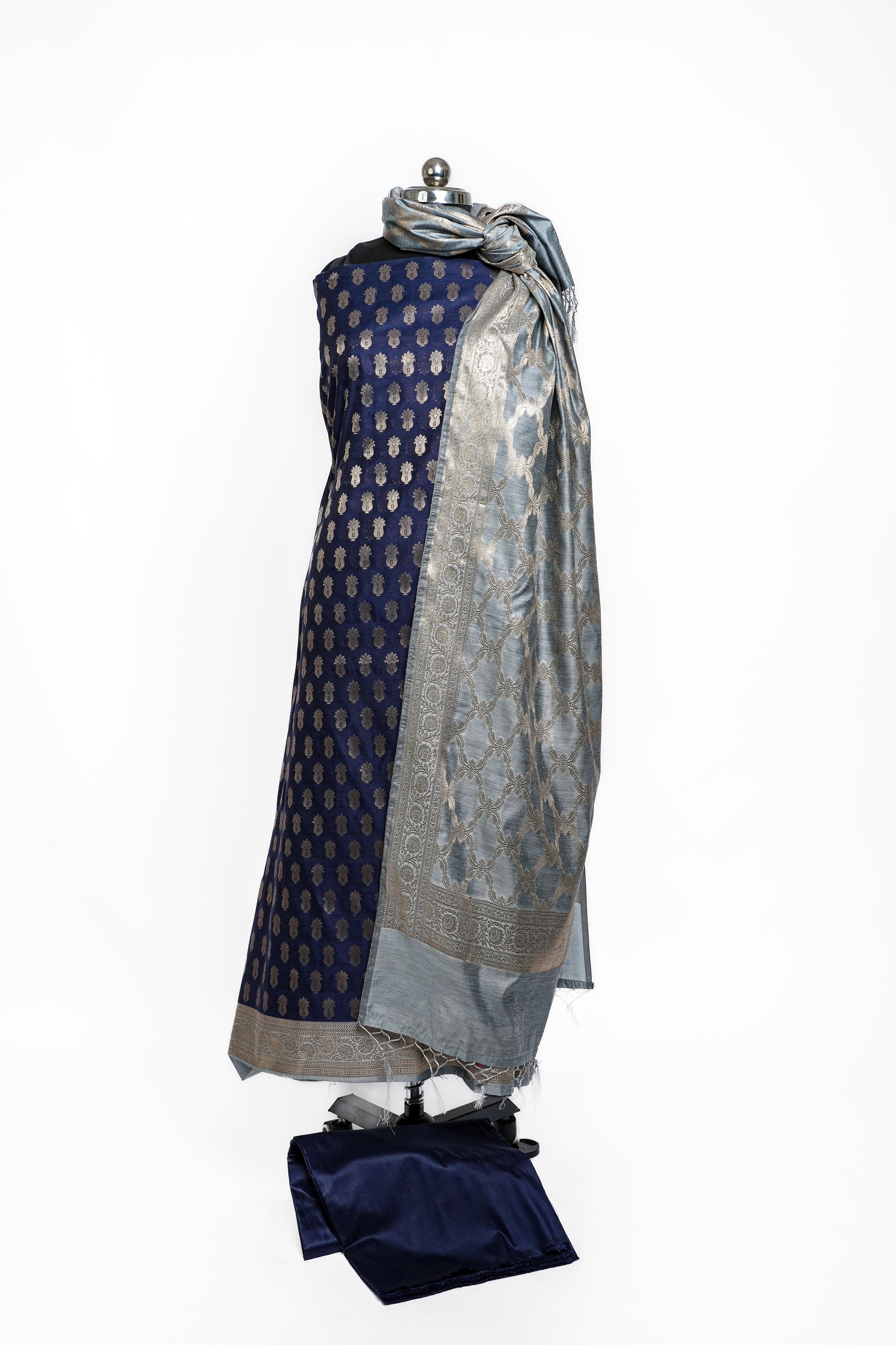 Banarasi Silk Suit(3 Piece, Unstitched, Navy Blue)