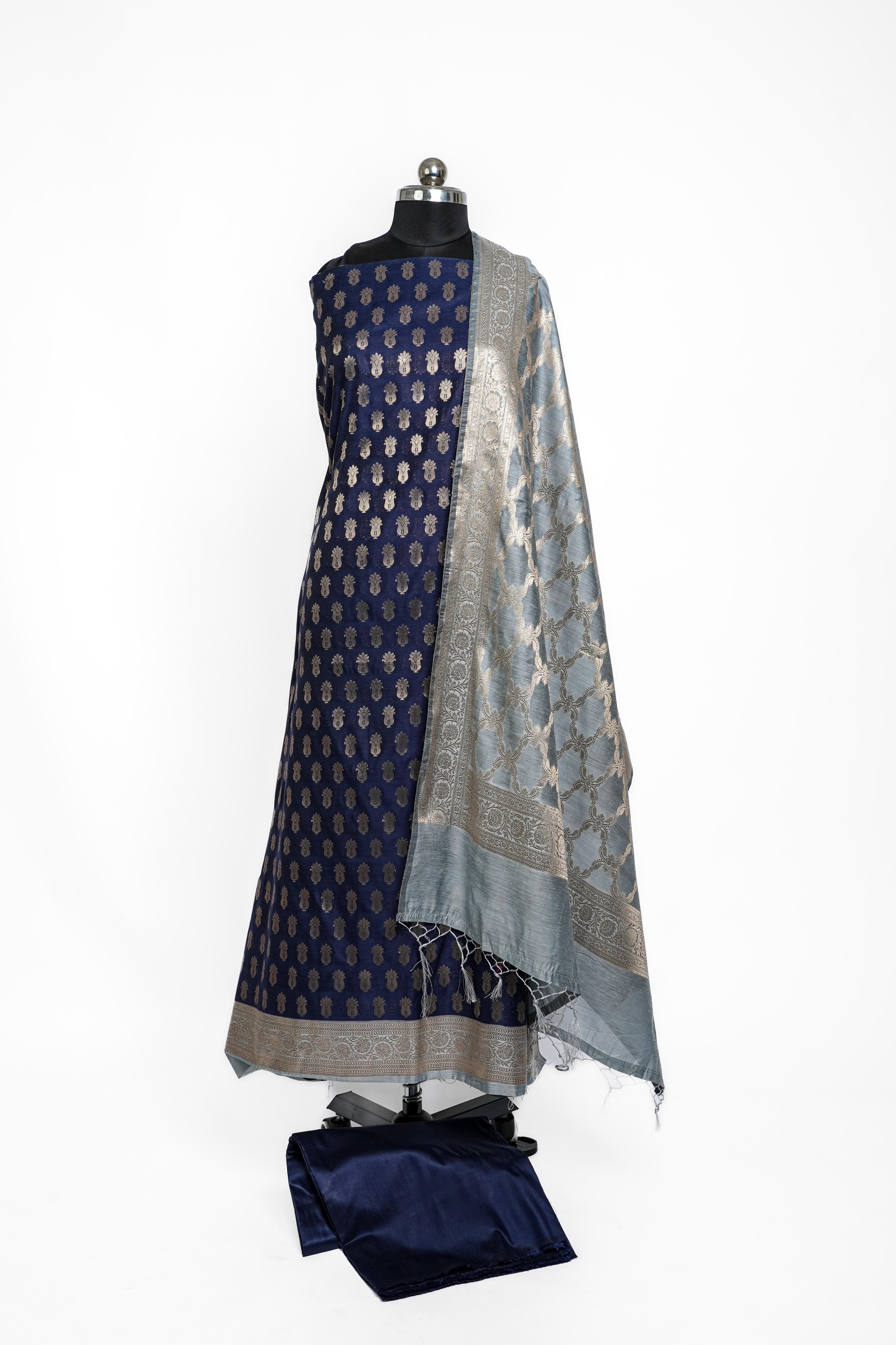 Banarasi Silk Suit(3 Piece, Unstitched, Navy Blue)