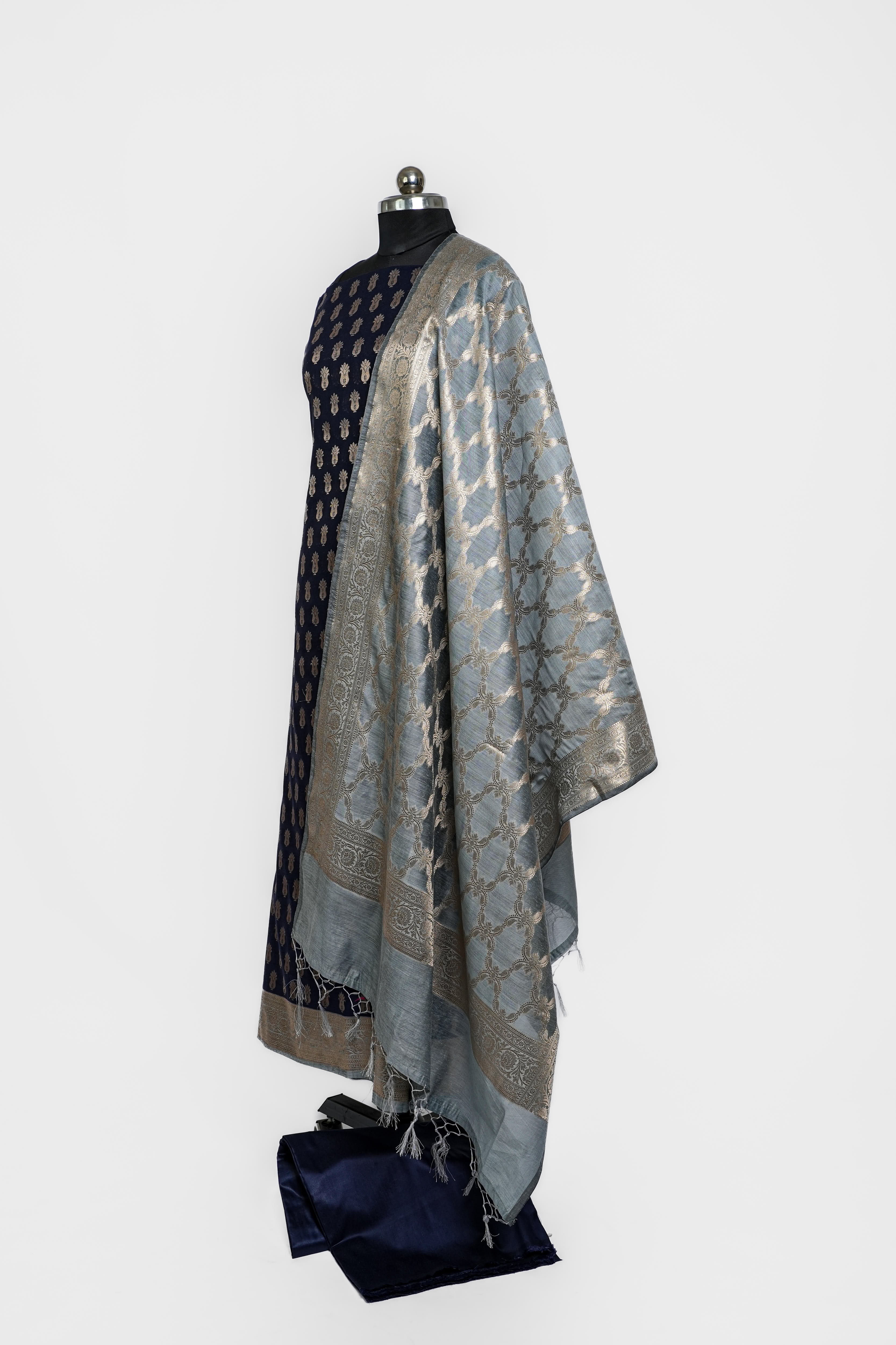 Banarasi Silk Suit(3 Piece, Unstitched, Navy Blue)