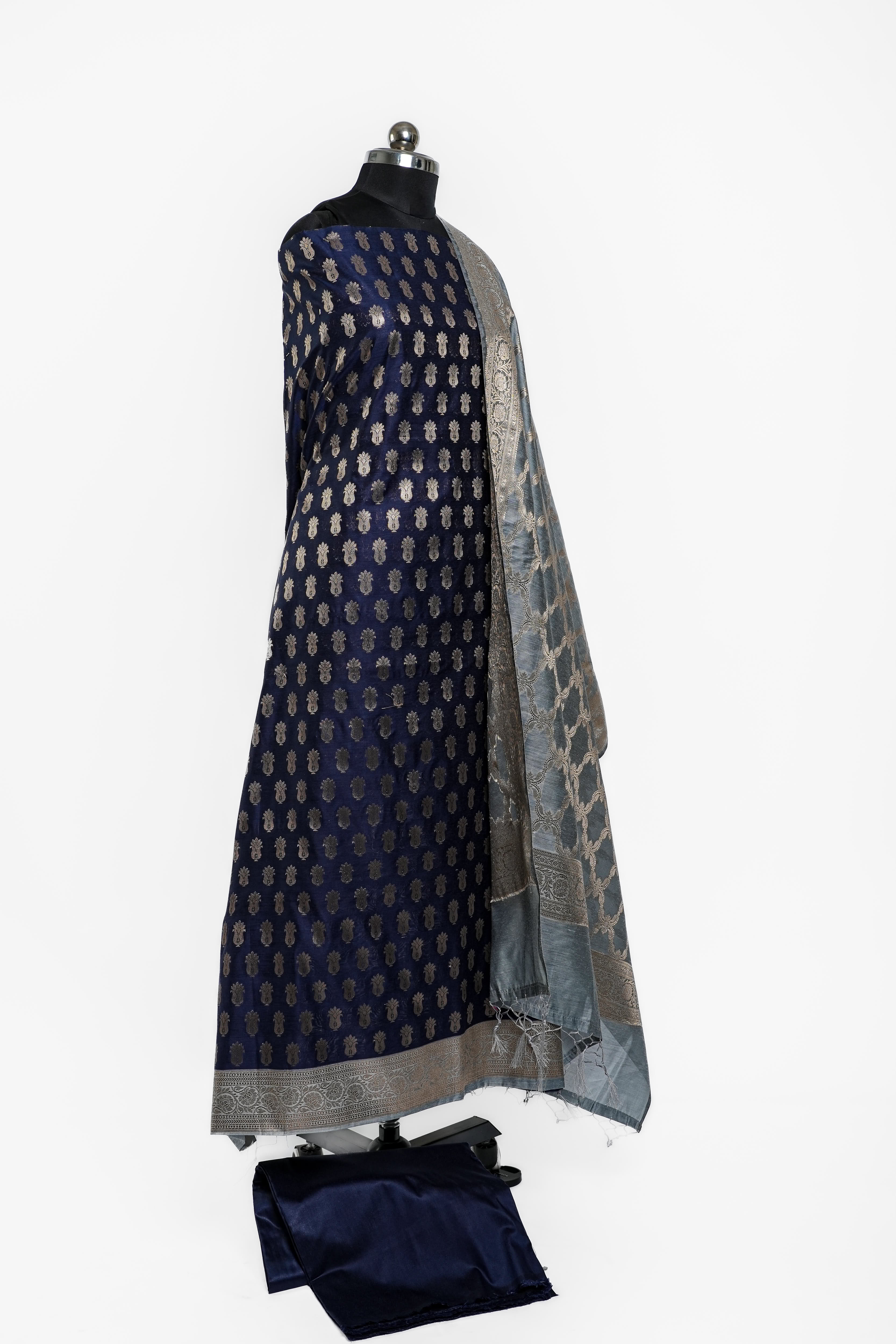 Banarasi Silk Suit(3 Piece, Unstitched, Navy Blue)