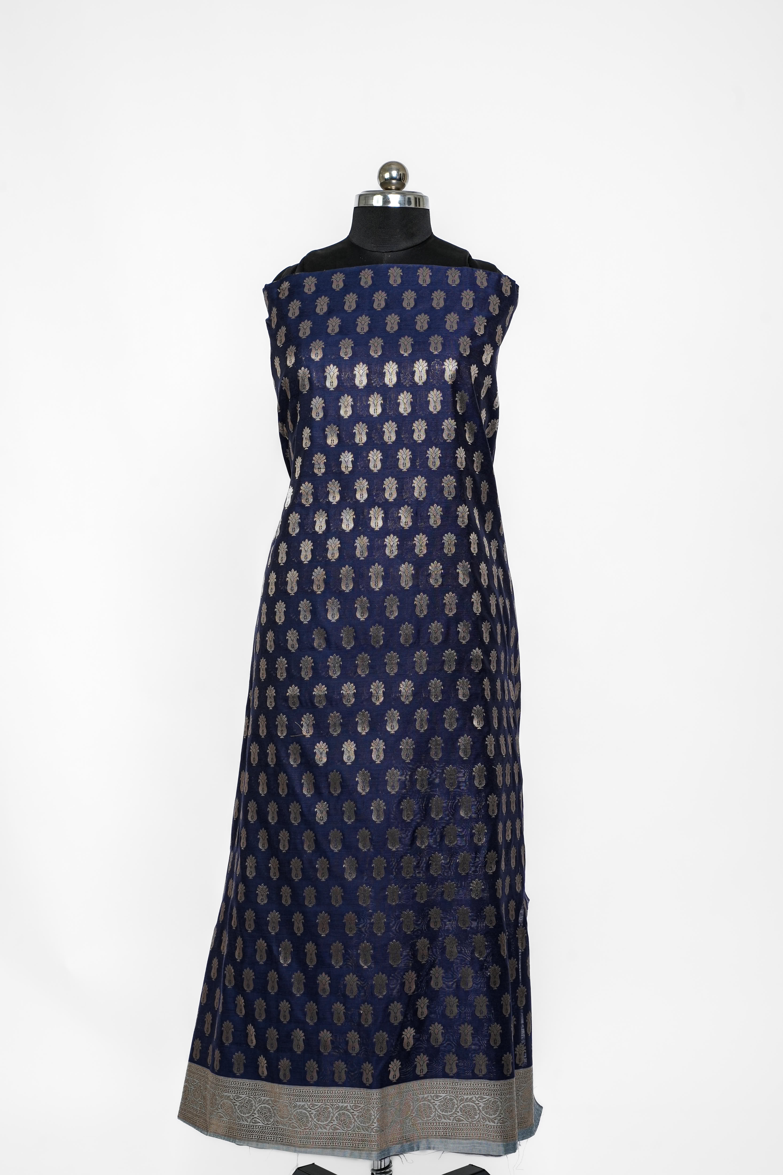 Banarasi Silk Suit(3 Piece, Unstitched, Navy Blue)