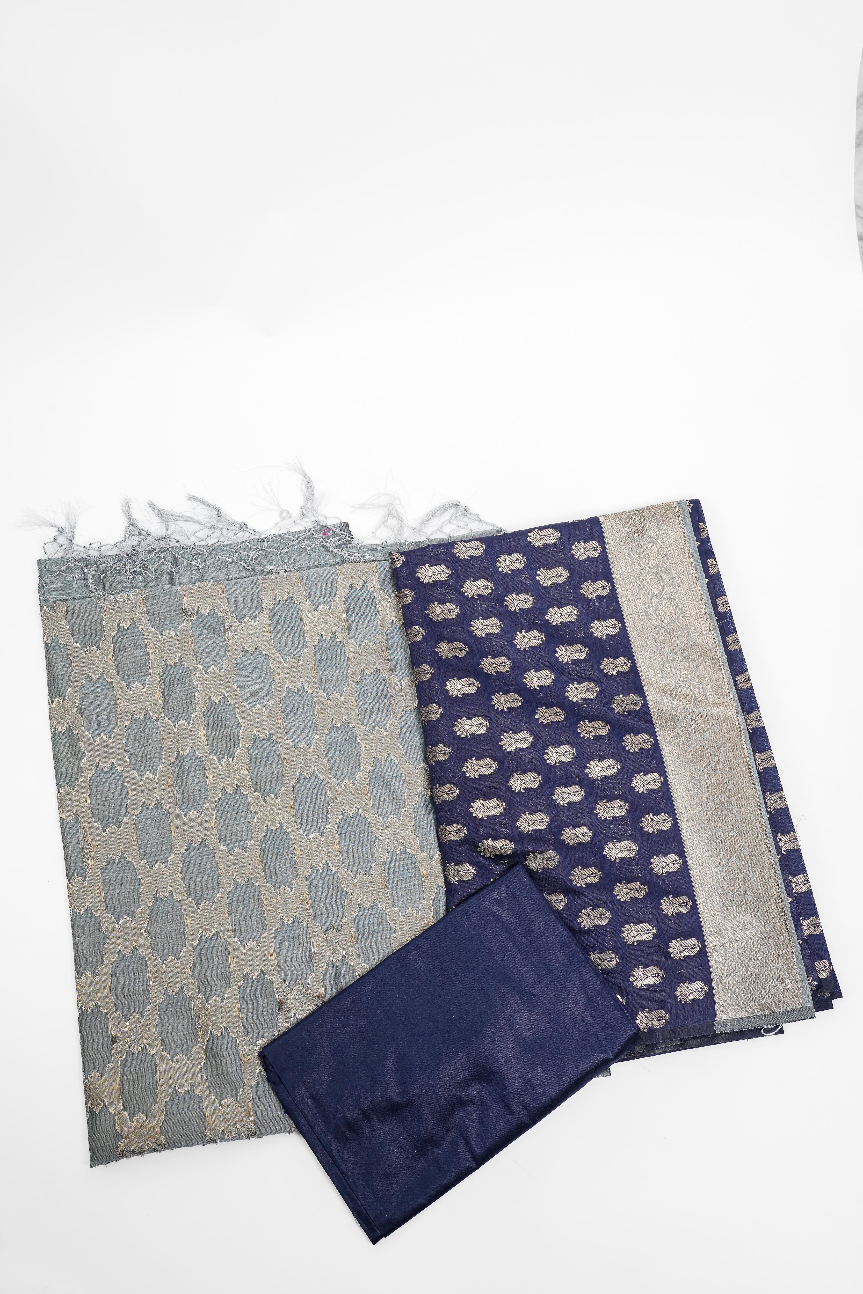 Banarasi Silk Suit(3 Piece, Unstitched, Navy Blue)