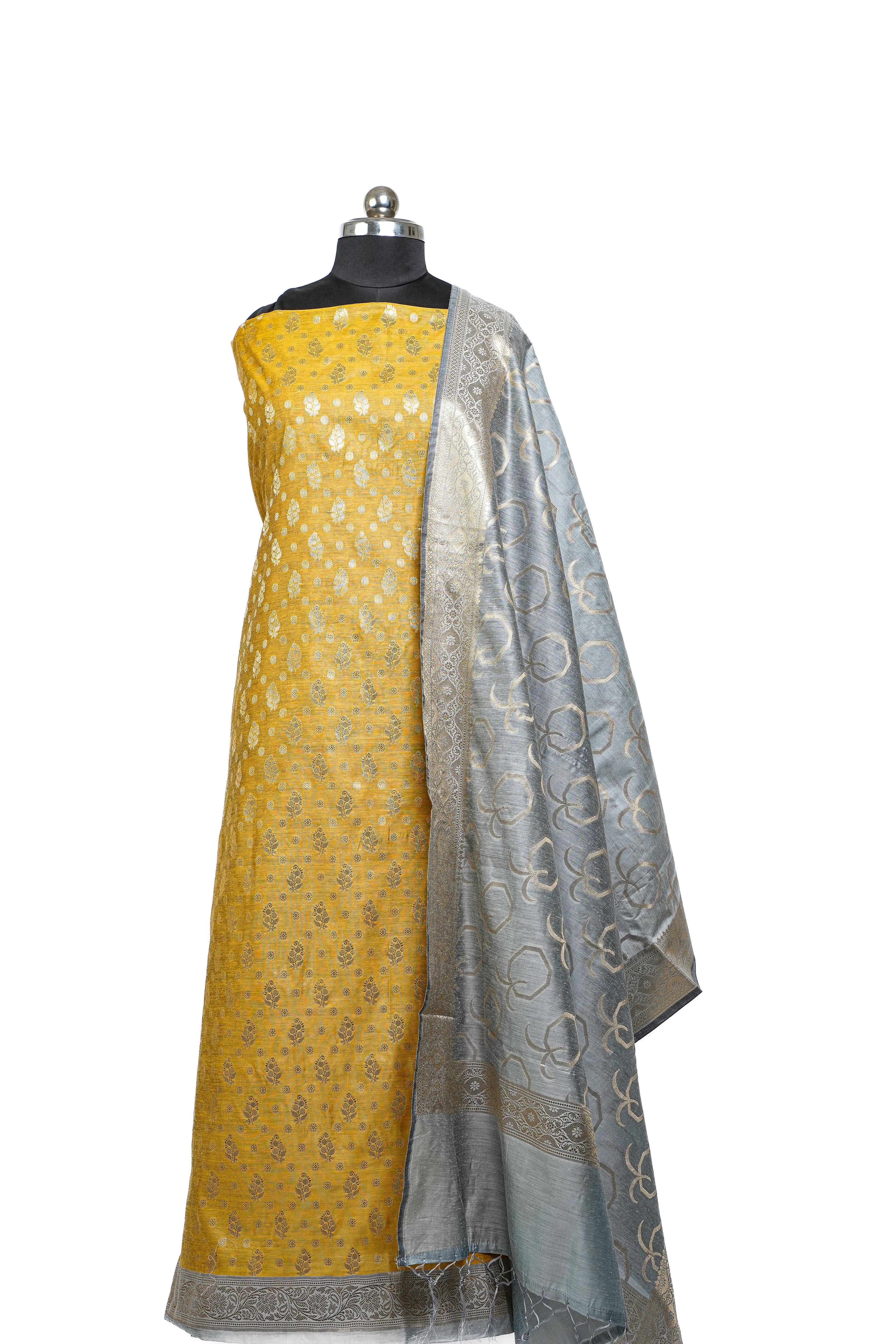 Banarasi Silk Suit(3 Piece, Unstitched, Golden Yellow)