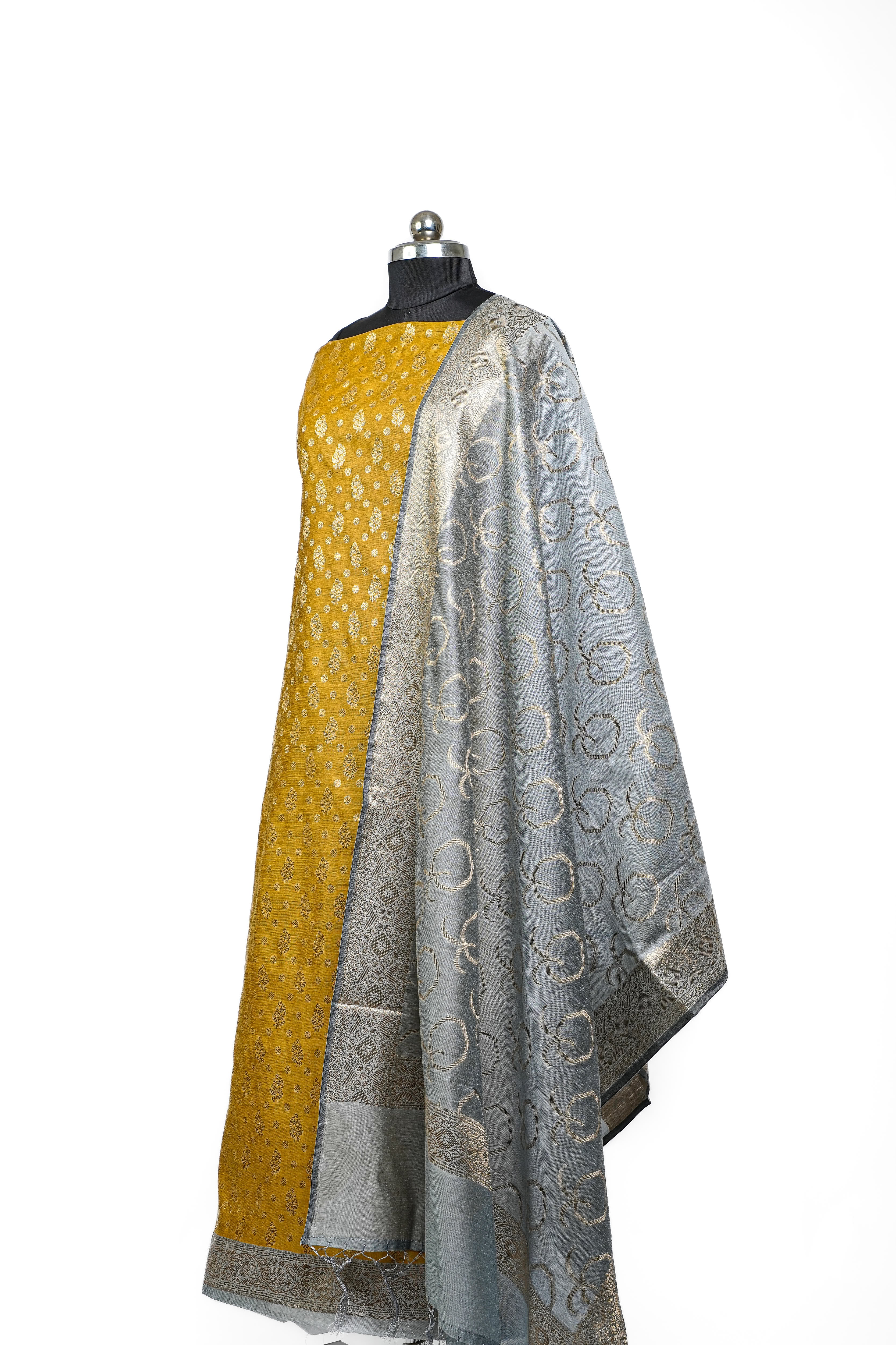 Banarasi Silk Suit(3 Piece, Unstitched, Golden Yellow)