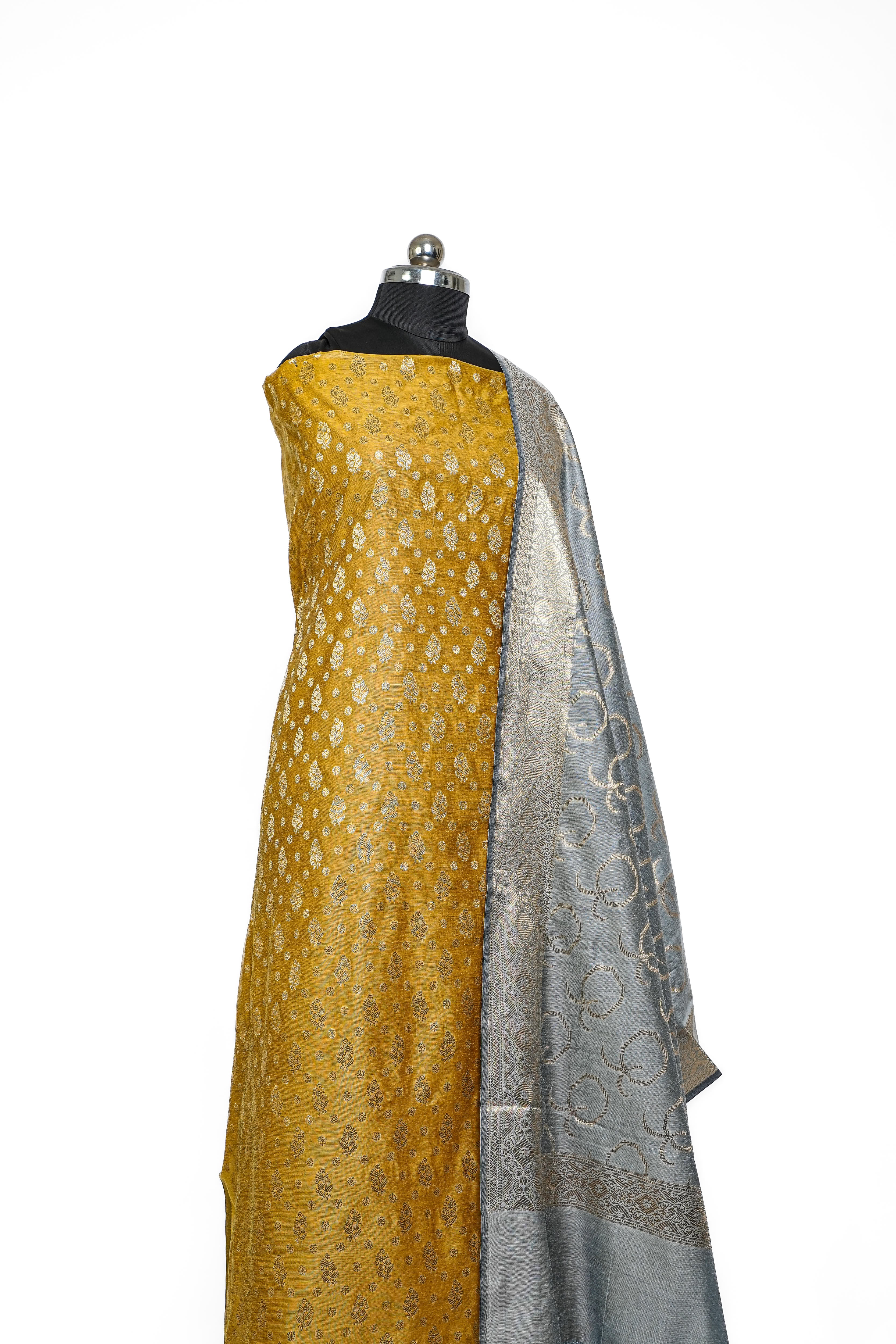 Banarasi Silk Suit(3 Piece, Unstitched, Golden Yellow)