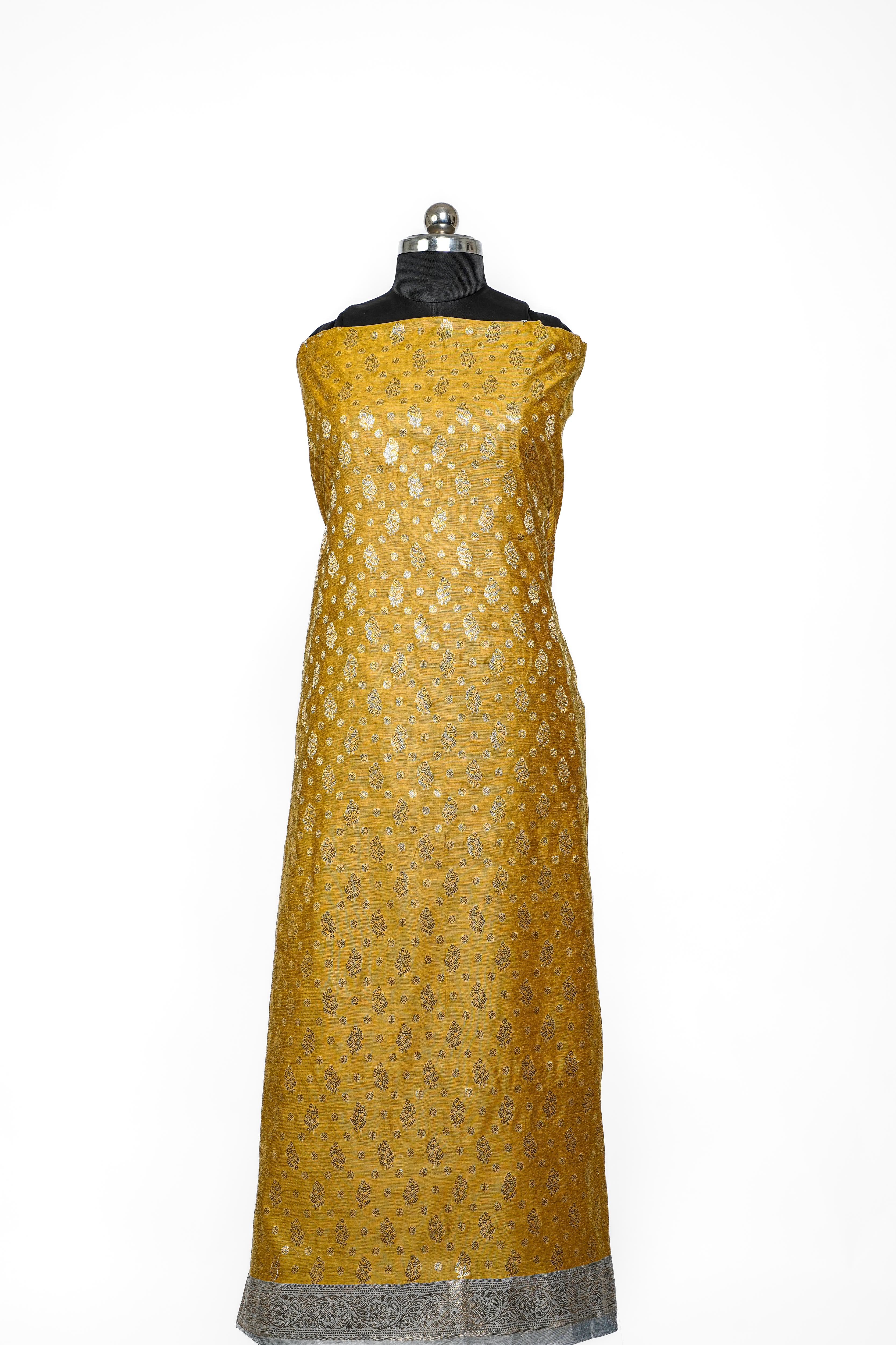 Banarasi Silk Suit(3 Piece, Unstitched, Golden Yellow)