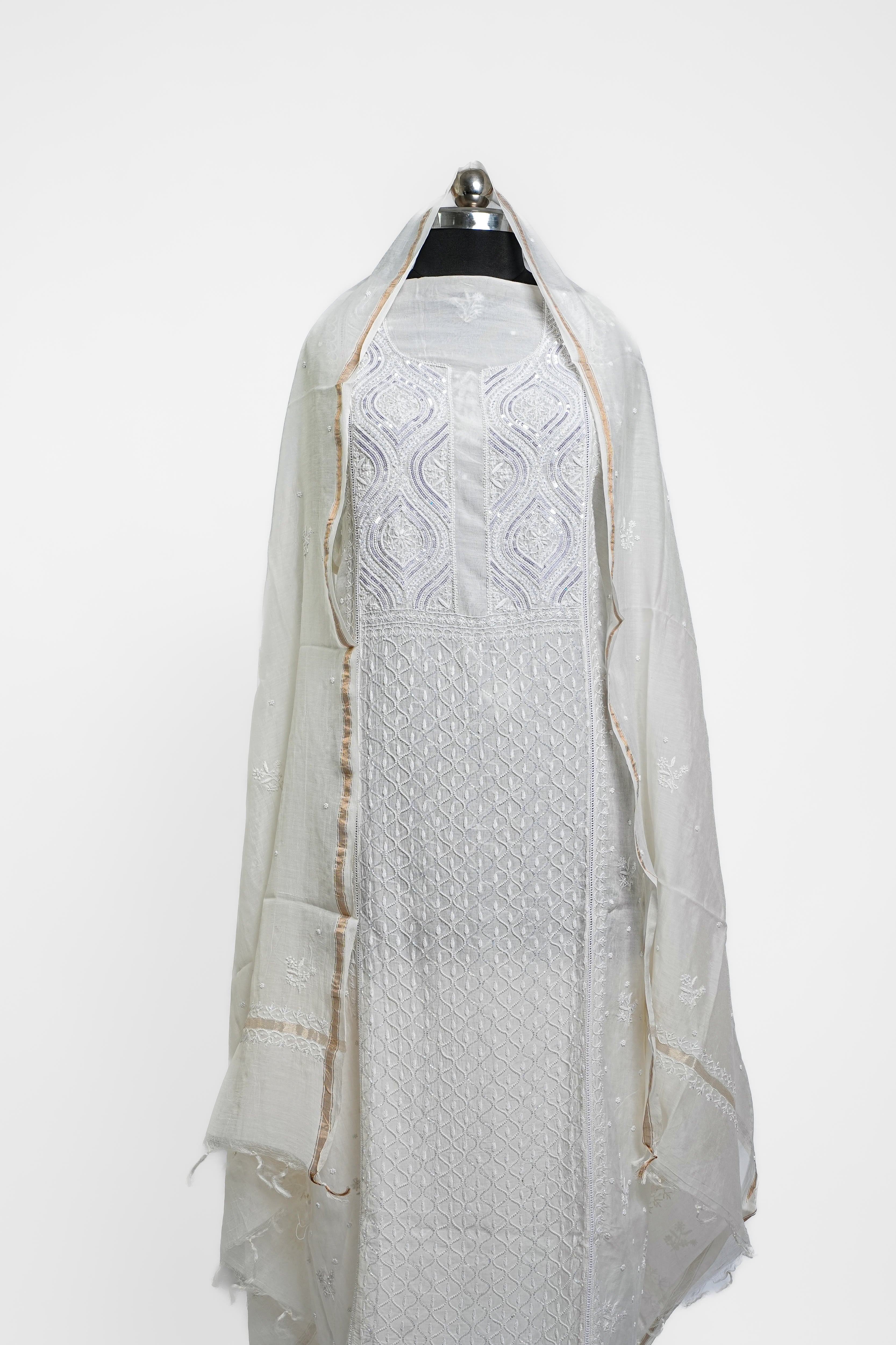 Mul Chanderi Chikankari Suit With Cutdana Moti Work with Sequins(2 Piece, Semi-stitched, Off-White)