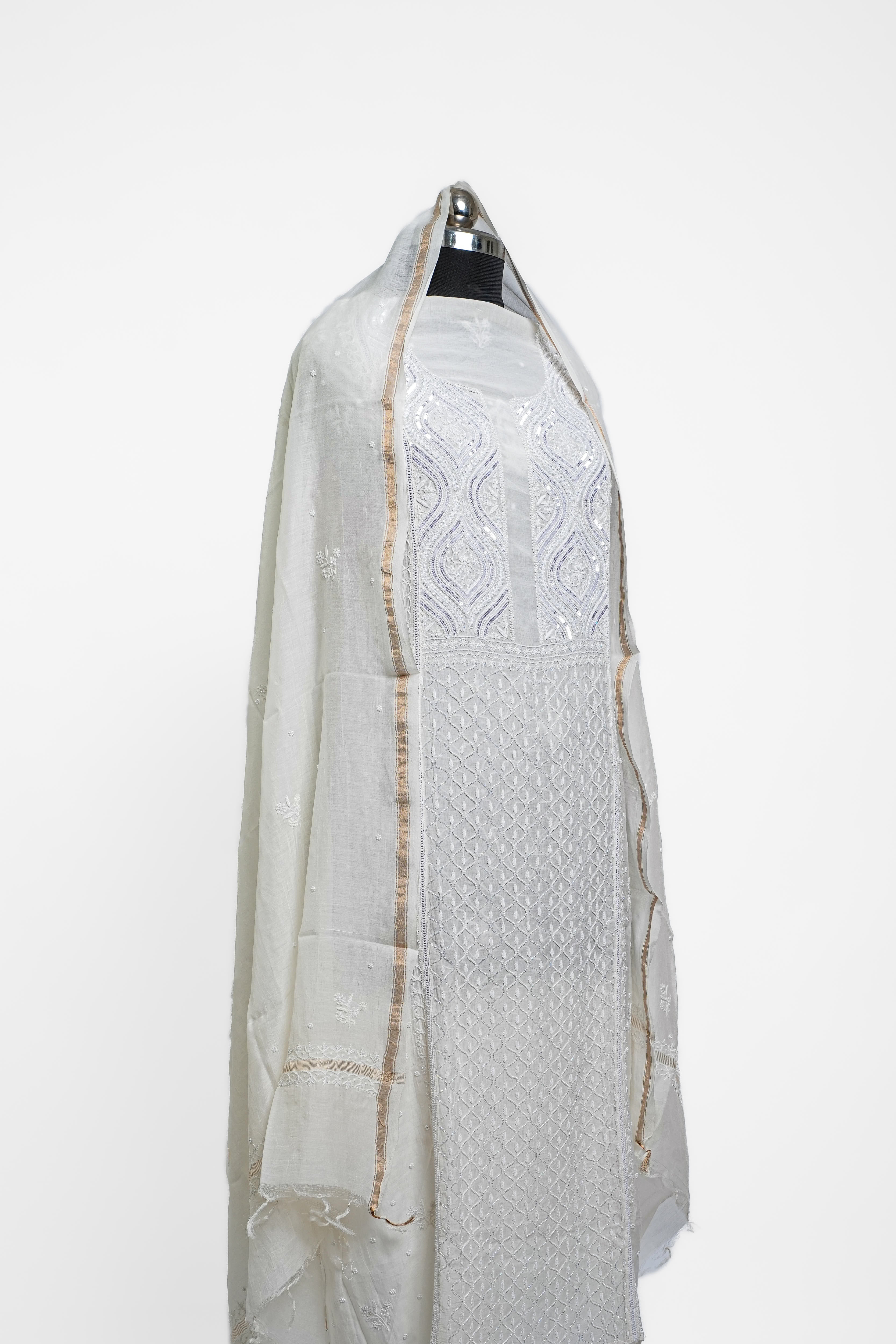 Mul Chanderi Chikankari Suit With Cutdana Moti Work with Sequins(2 Piece, Semi-stitched, Off-White)
