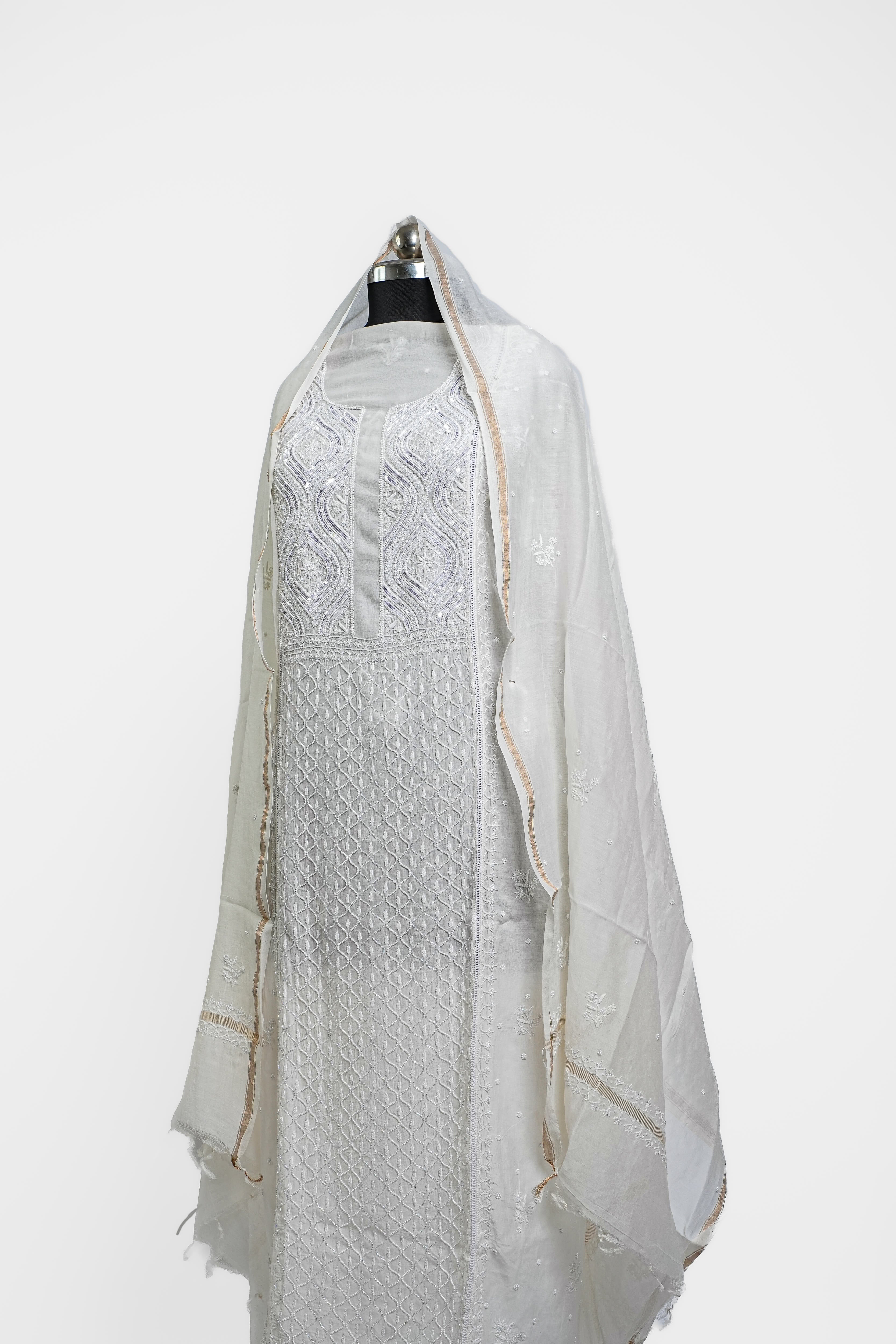 Mul Chanderi Chikankari Suit With Cutdana Moti Work with Sequins(2 Piece, Semi-stitched, Off-White)