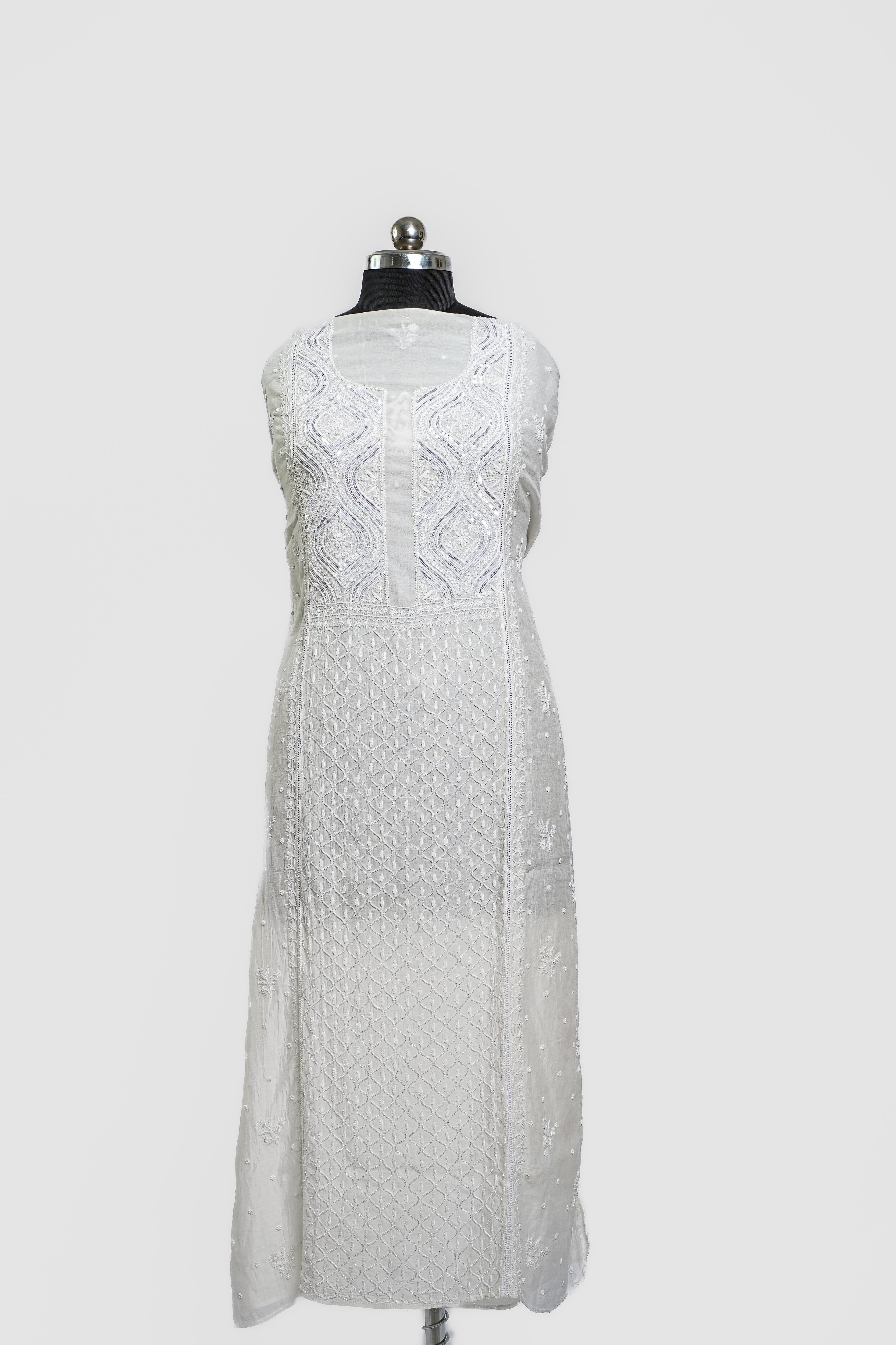 Mul Chanderi Chikankari Suit With Cutdana Moti Work with Sequins(2 Piece, Semi-stitched, Off-White)