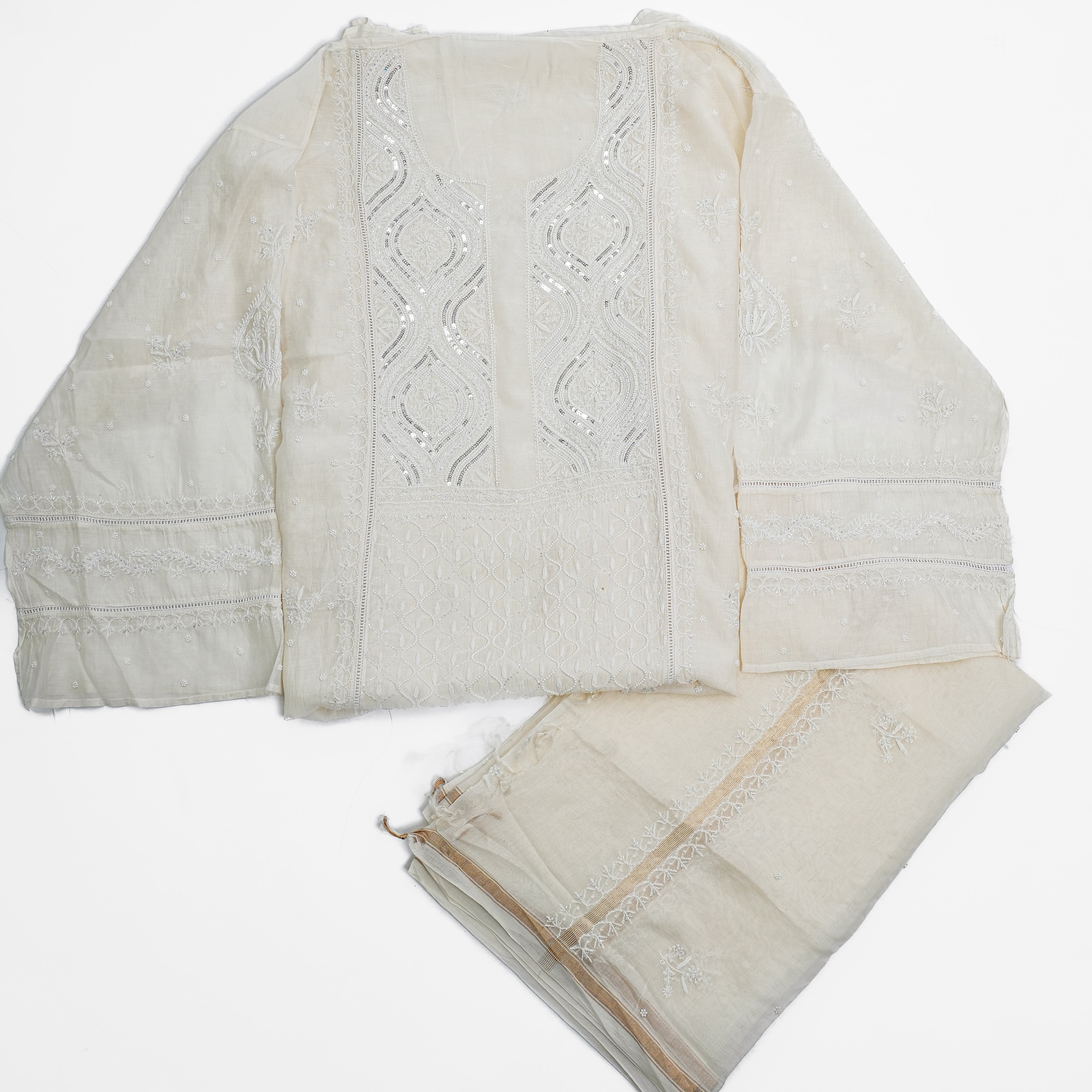 Mul Chanderi Chikankari Suit With Cutdana Moti Work with Sequins(2 Piece, Semi-stitched, Off-White)