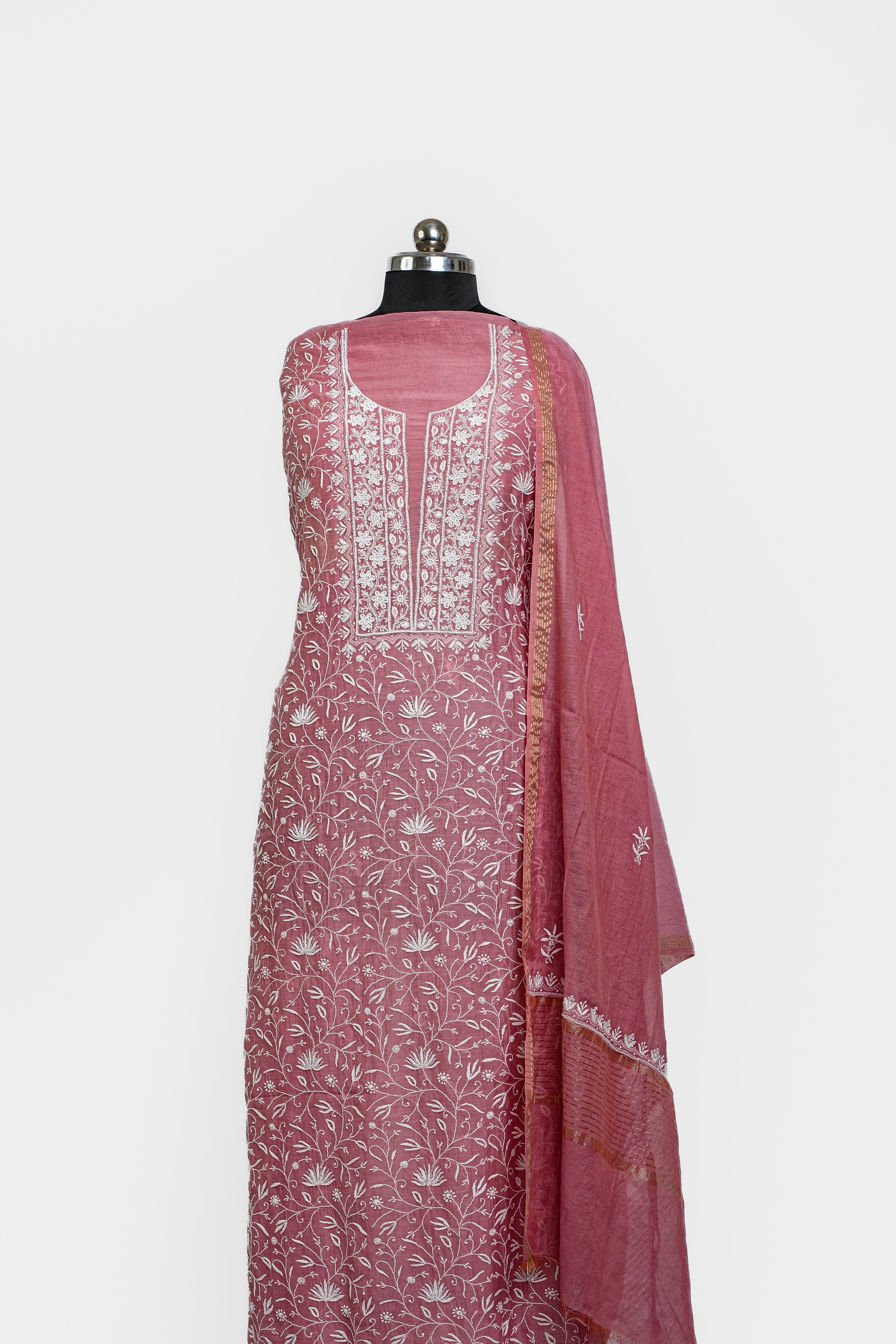 Mul Chanderi Chikankari Suit Cutdana Moti Full Work(2 Piece, Unstitched, Onion Pink)