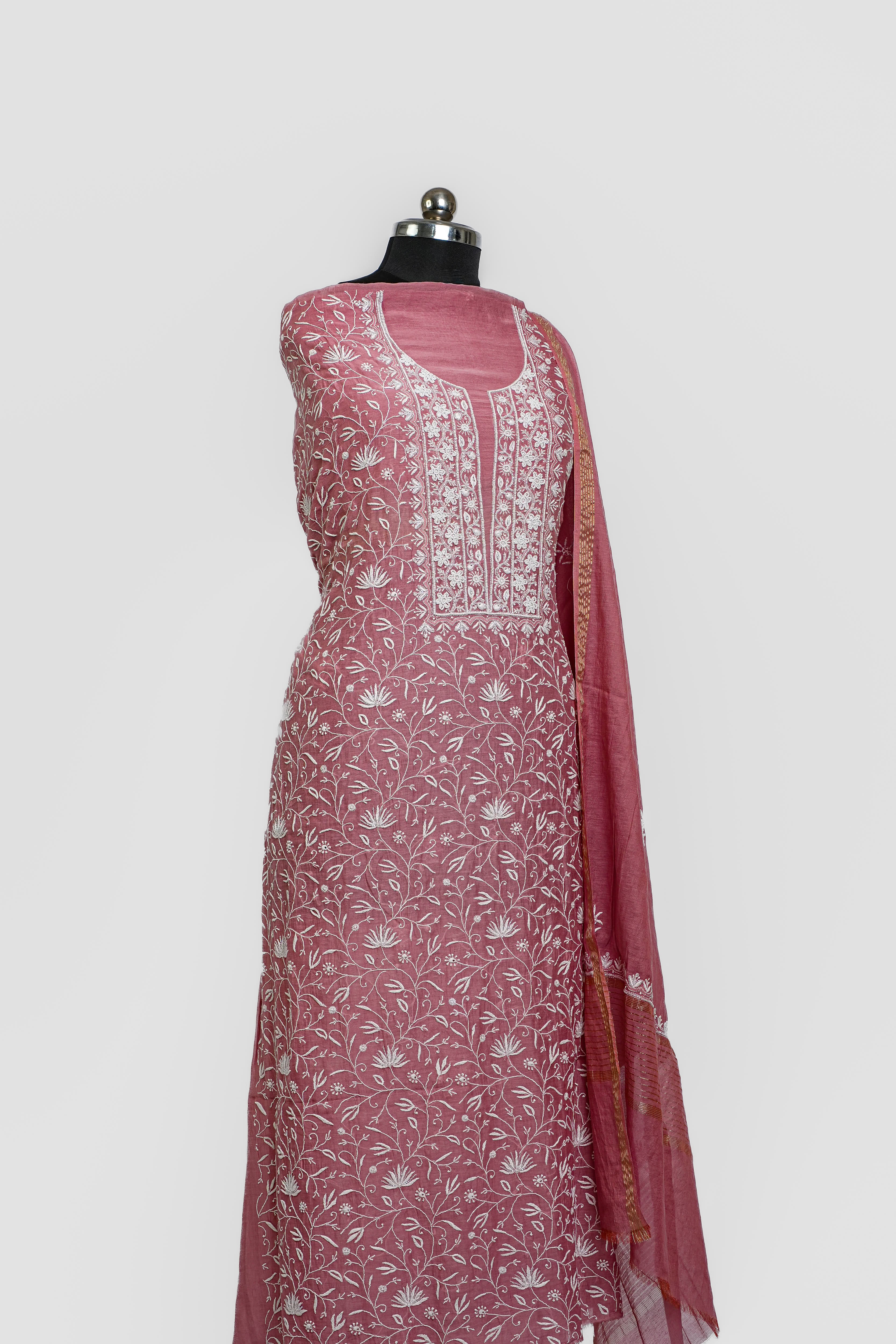 Mul Chanderi Chikankari Suit Cutdana Moti Full Work(2 Piece, Unstitched, Onion Pink)