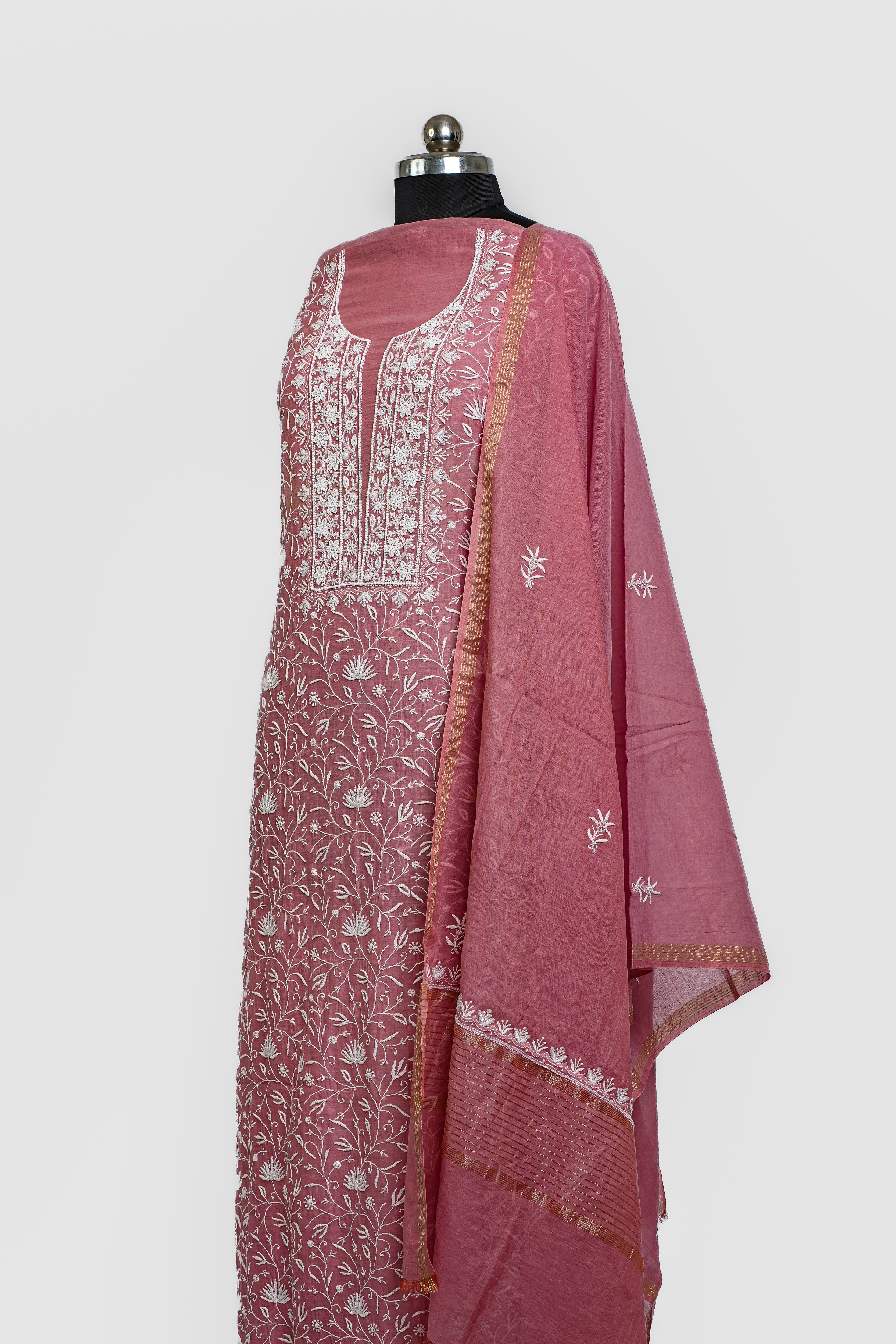Mul Chanderi Chikankari Suit Cutdana Moti Full Work(2 Piece, Unstitched, Onion Pink)