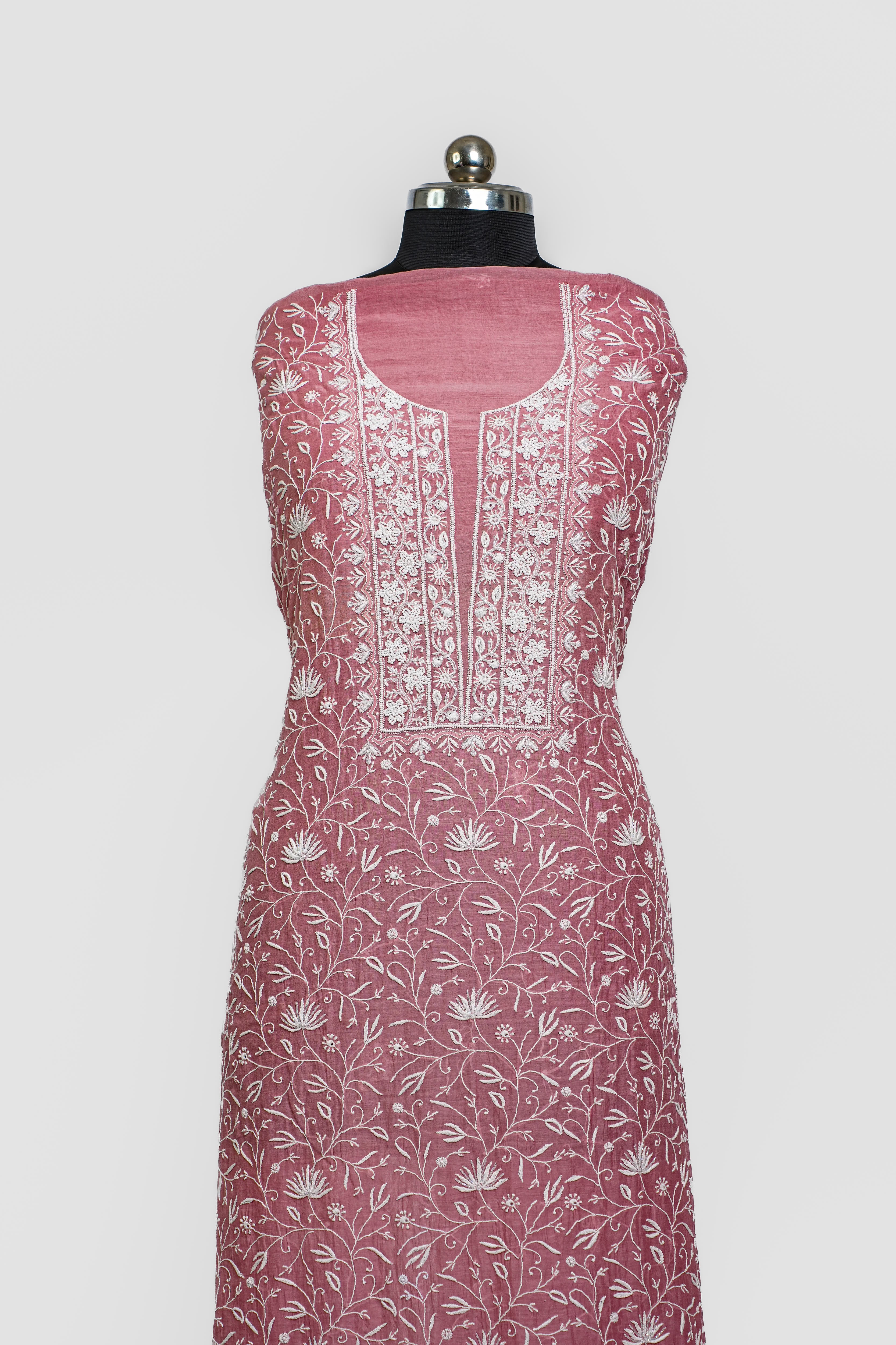 Mul Chanderi Chikankari Suit Cutdana Moti Full Work(2 Piece, Unstitched, Onion Pink)