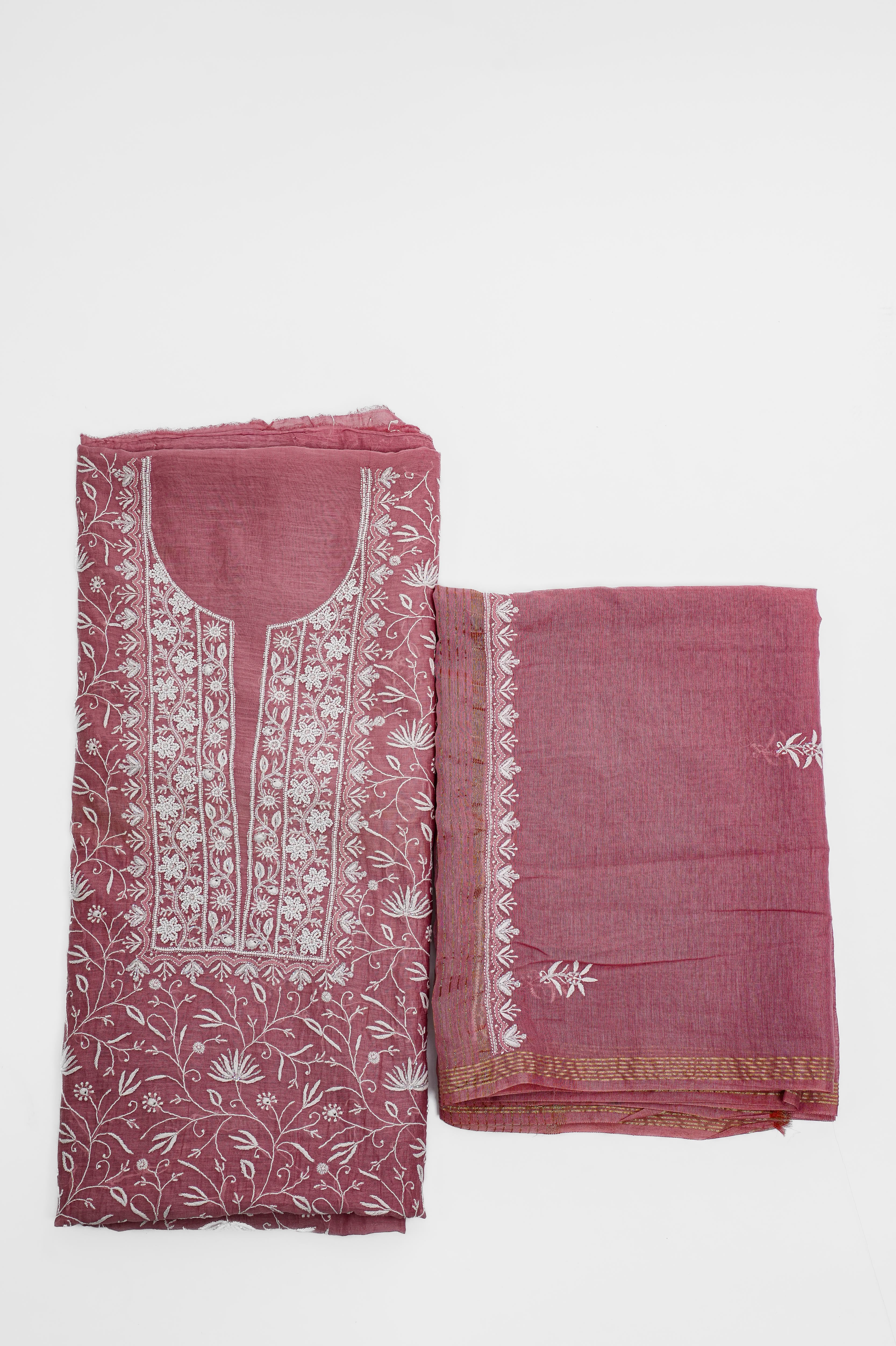 Mul Chanderi Chikankari Suit Cutdana Moti Full Work(2 Piece, Unstitched, Onion Pink)