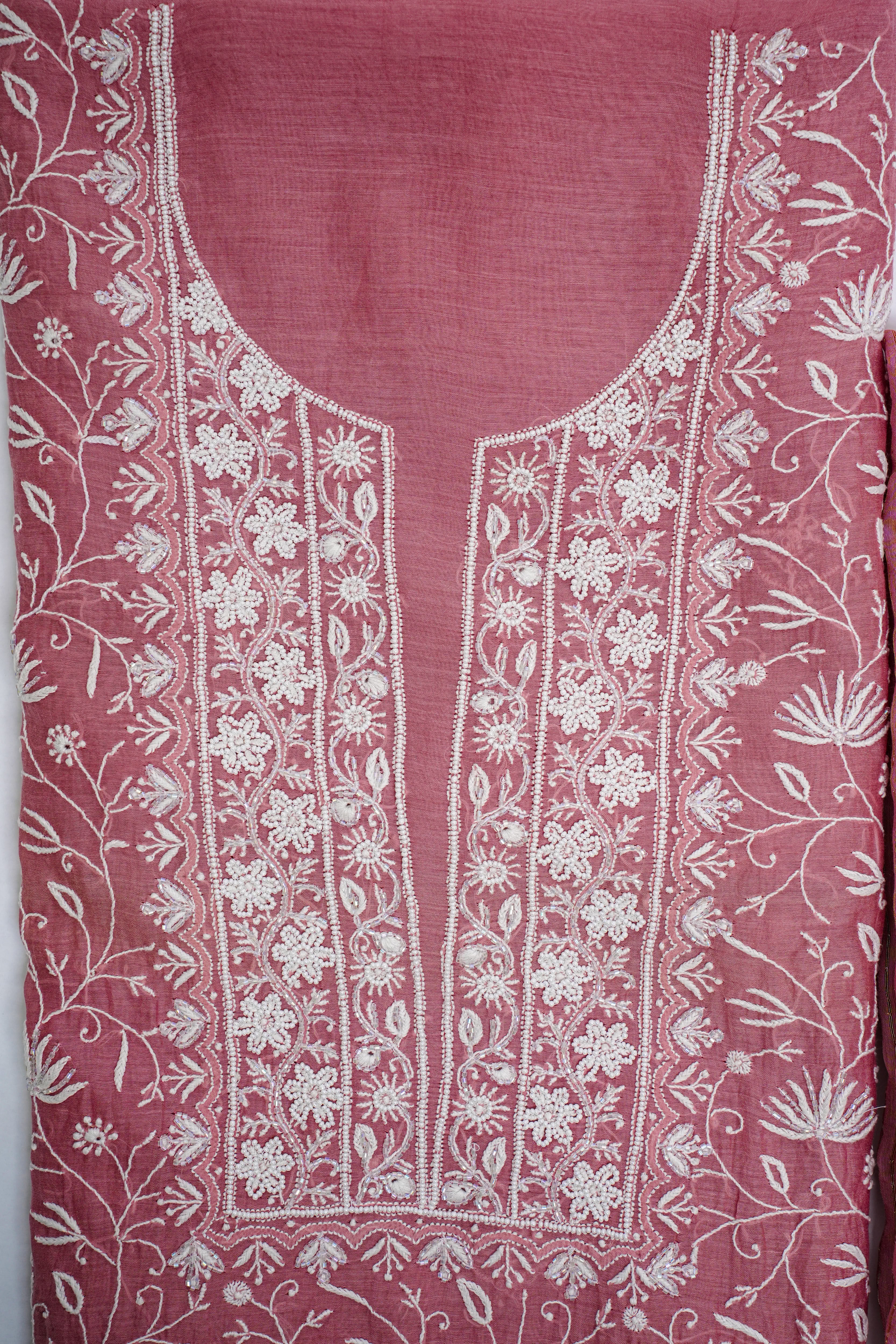 Mul Chanderi Chikankari Suit Cutdana Moti Full Work(2 Piece, Unstitched, Onion Pink)
