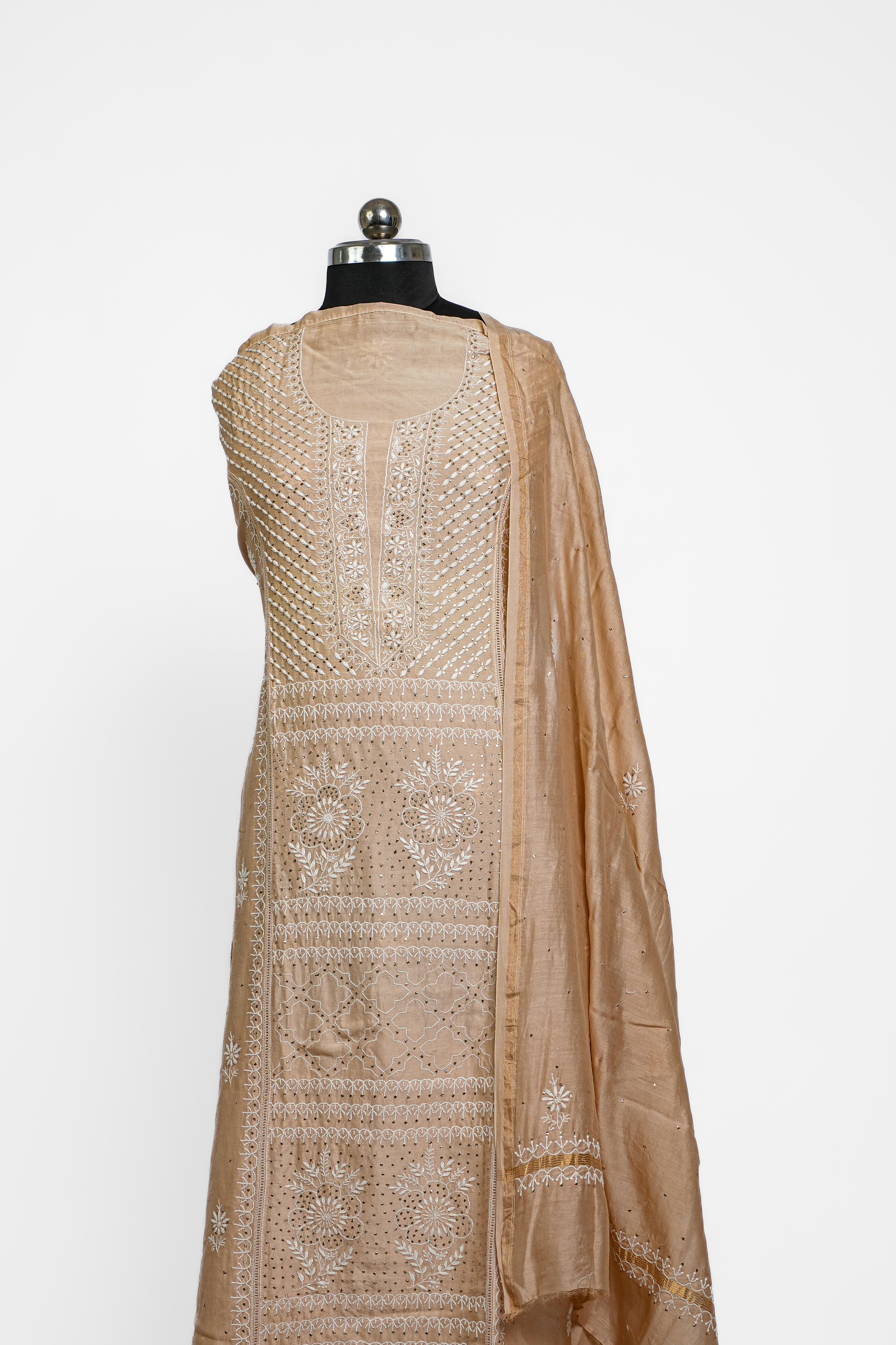 Mul Chanderi Chikankari Suit with Mukaish Work(2 Piece, Semi-stitched, Beige)
