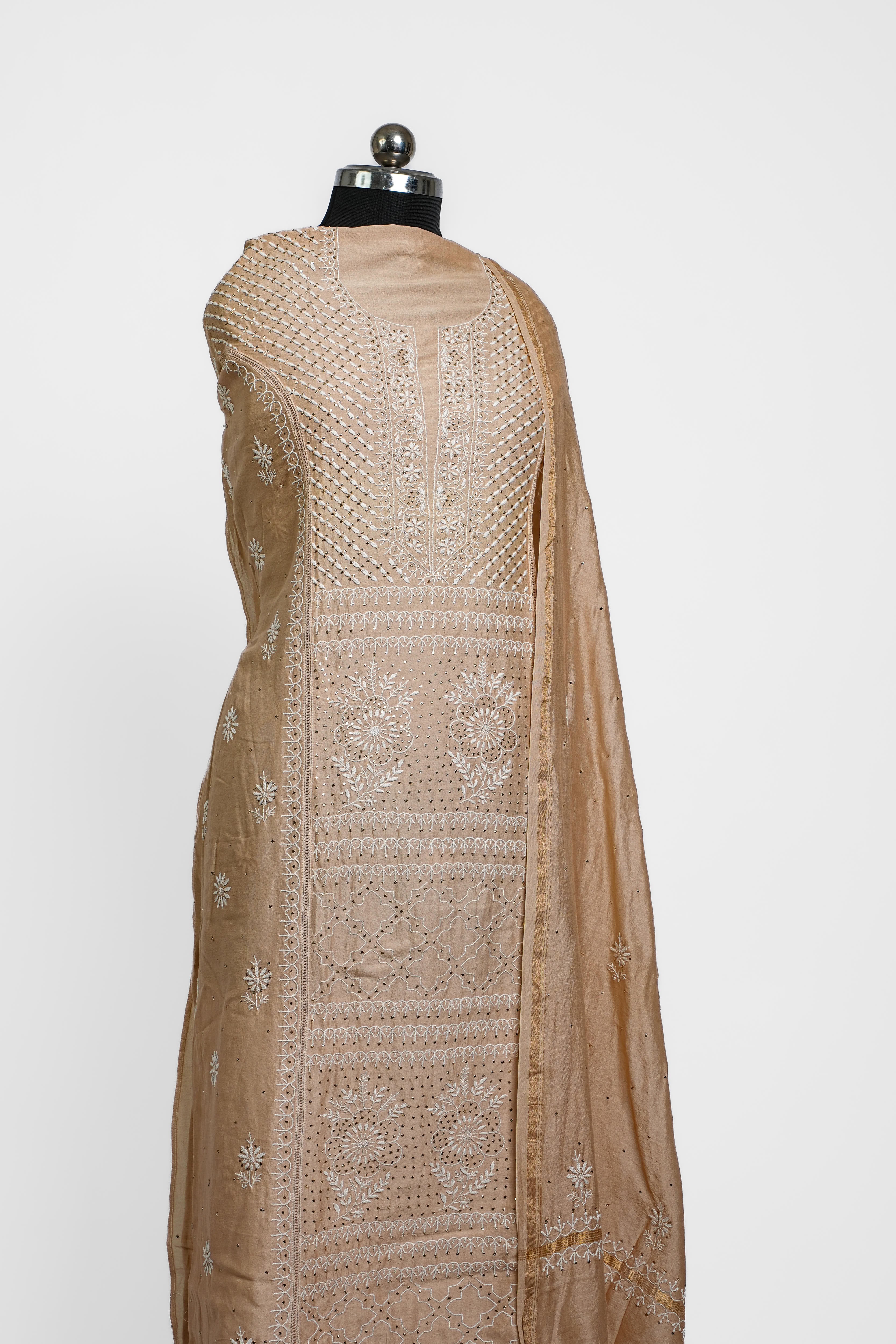 Mul Chanderi Chikankari Suit with Mukaish Work(2 Piece, Semi-stitched, Beige)