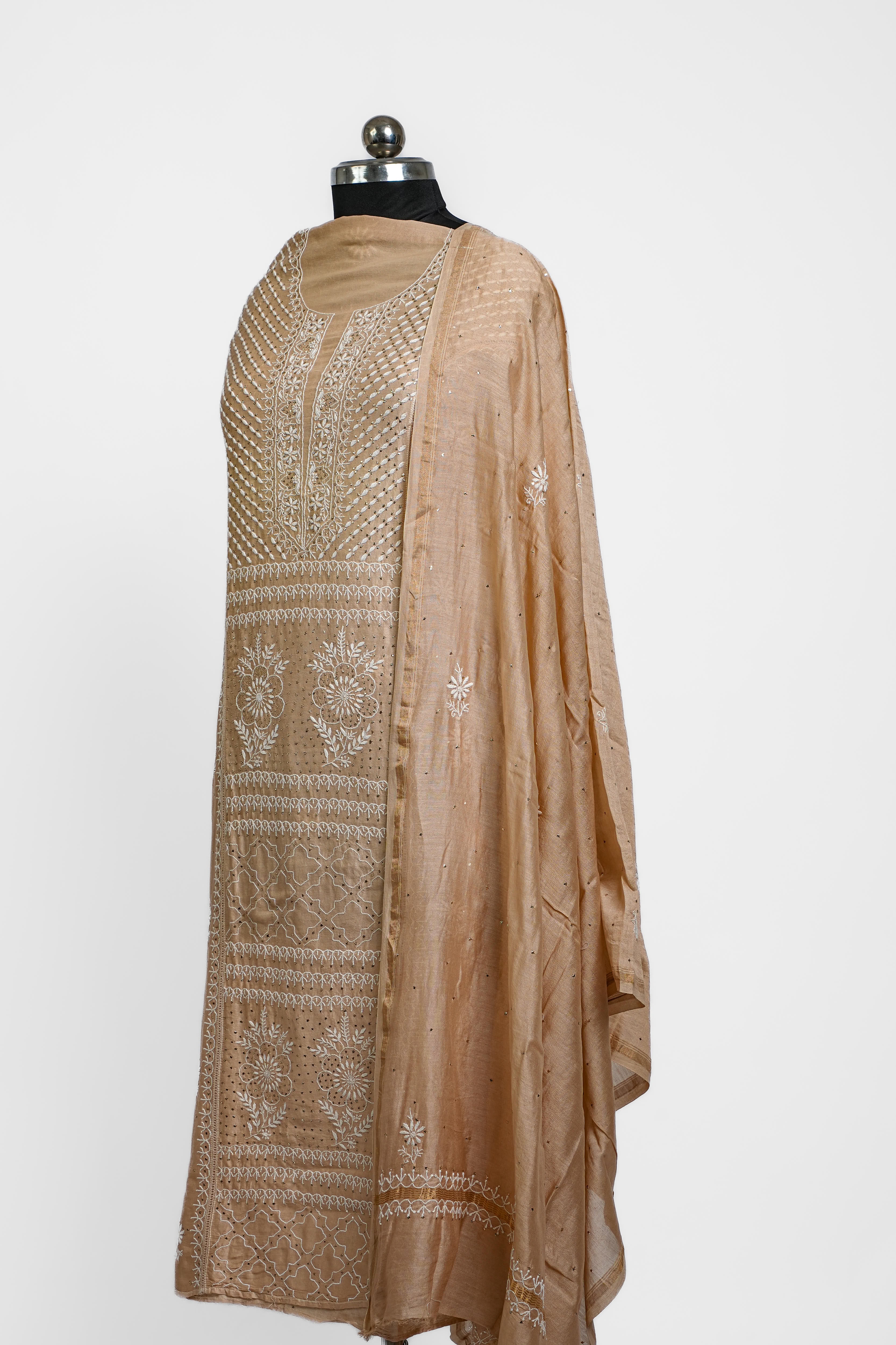 Mul Chanderi Chikankari Suit with Mukaish Work(2 Piece, Semi-stitched, Beige)