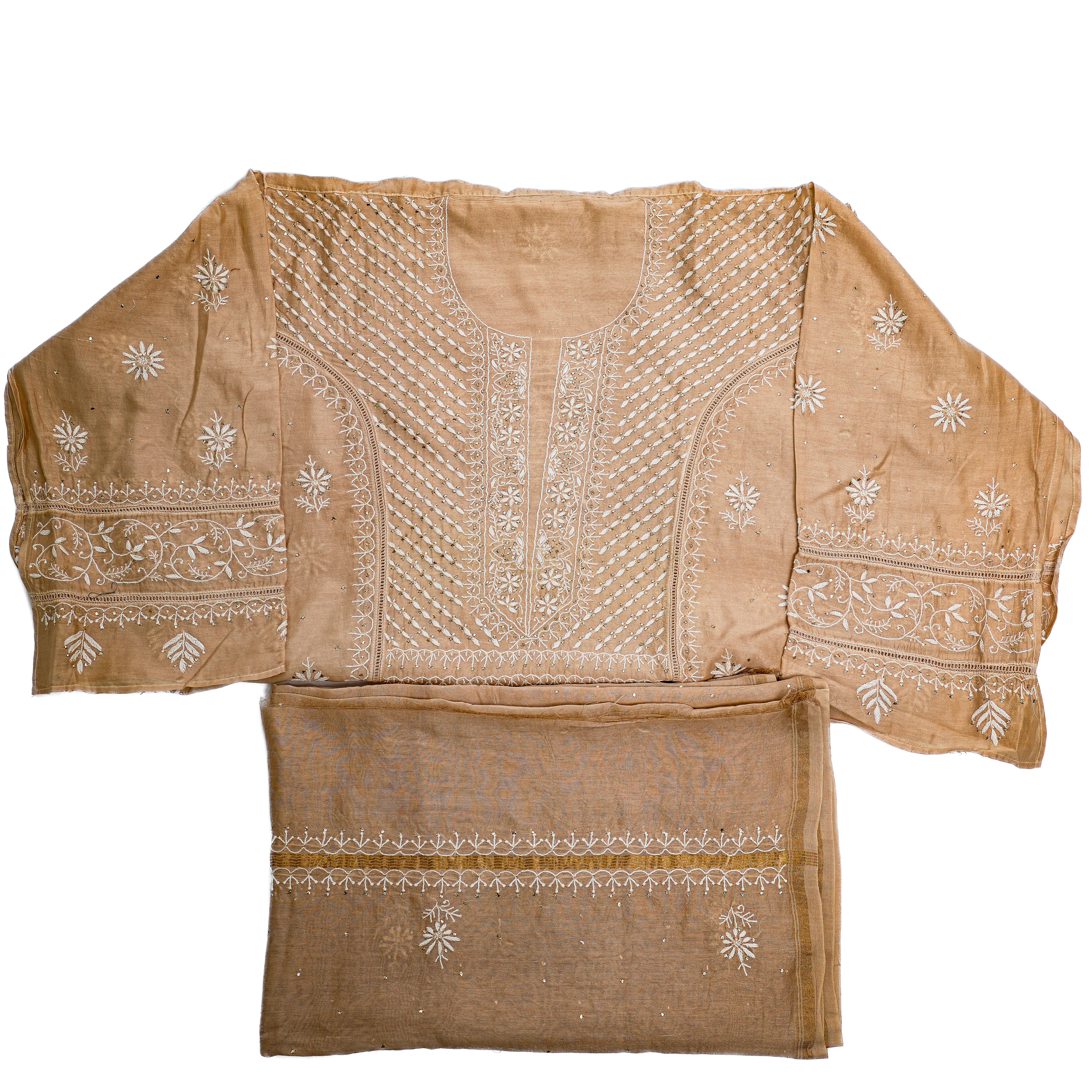 Mul Chanderi Chikankari Suit with Mukaish Work(2 Piece, Semi-stitched, Beige)