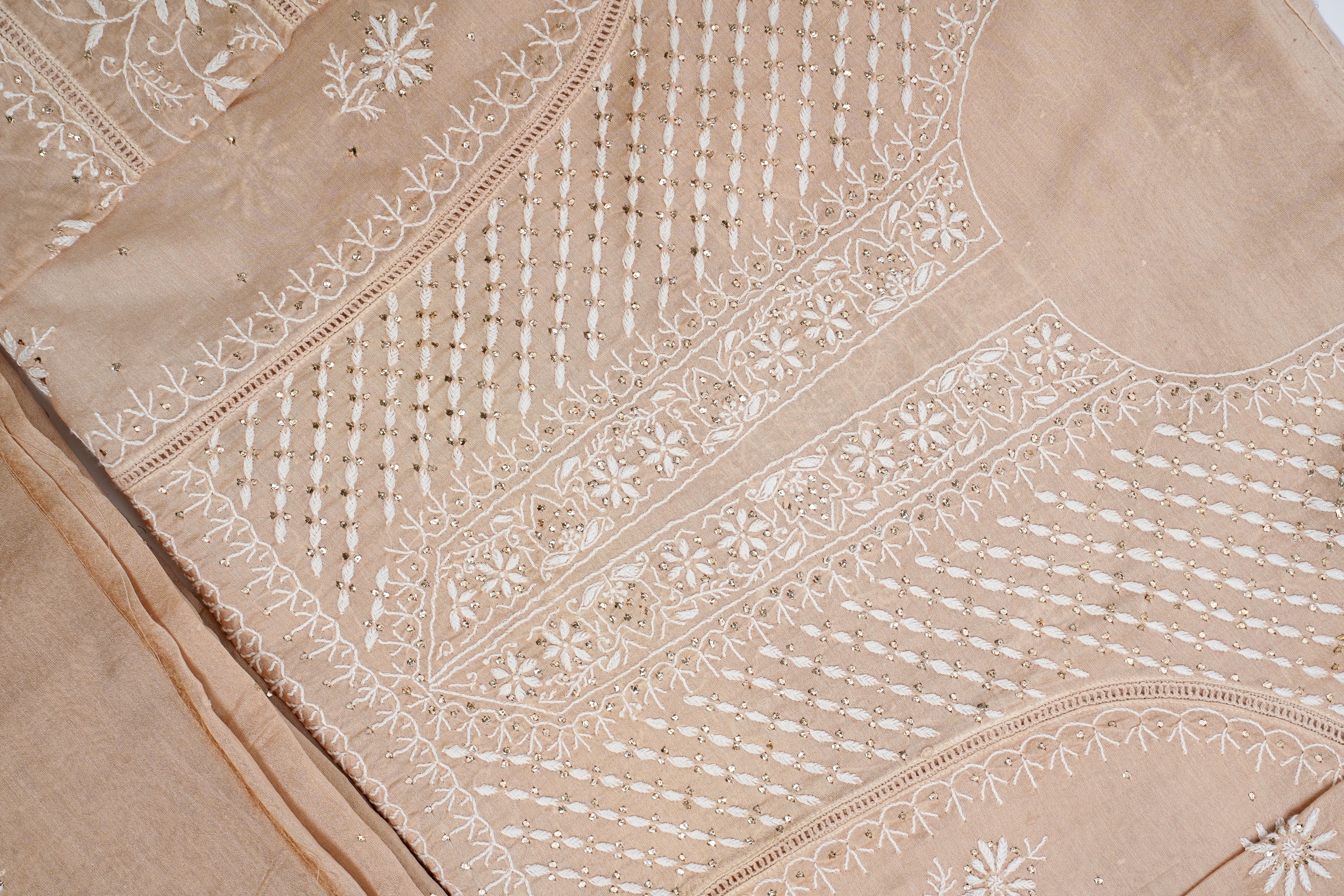 Mul Chanderi Chikankari Suit with Mukaish Work(2 Piece, Semi-stitched, Beige)