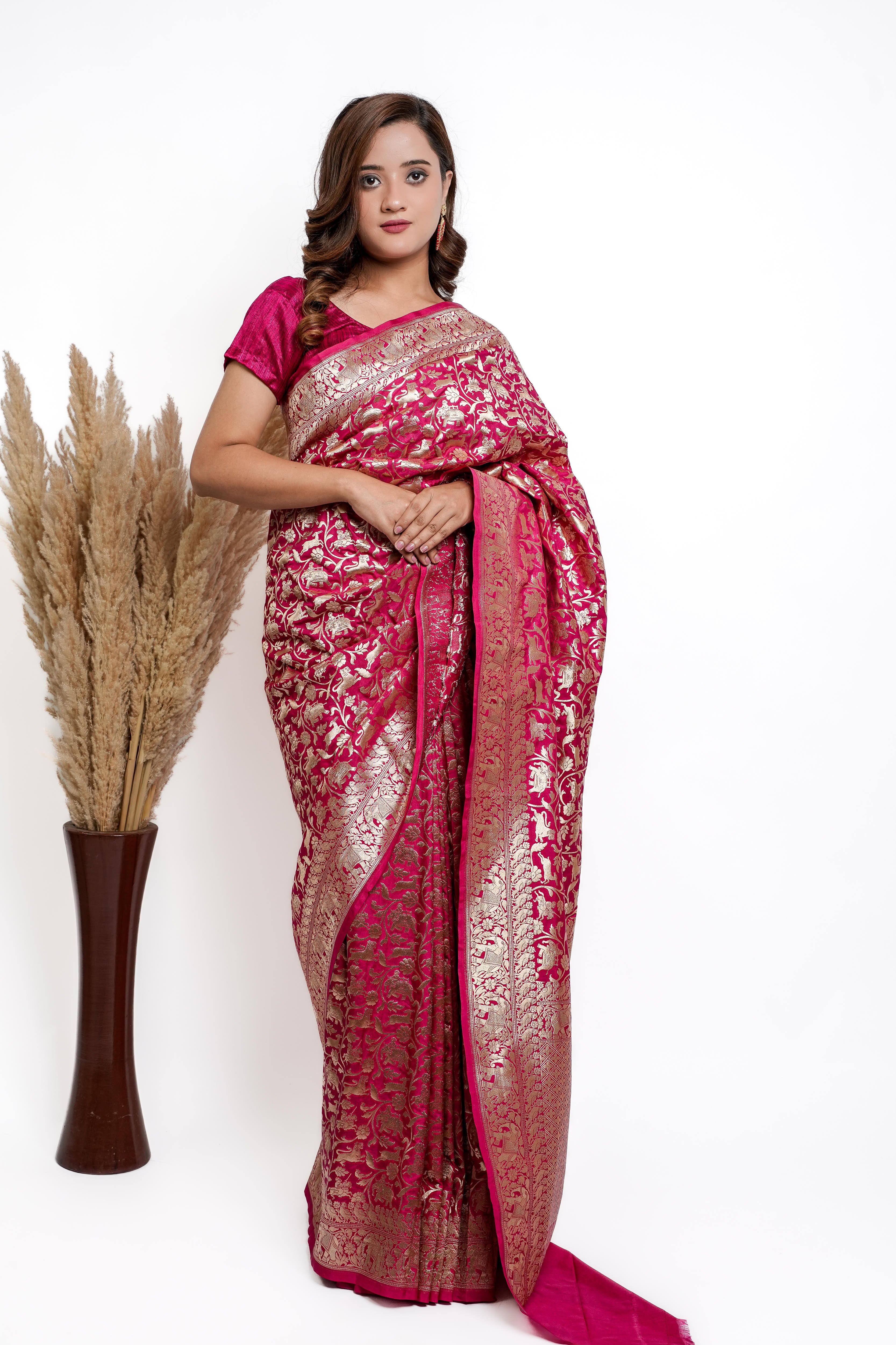 Banarasi Silk Saree(Rani Pink, Shikargah)