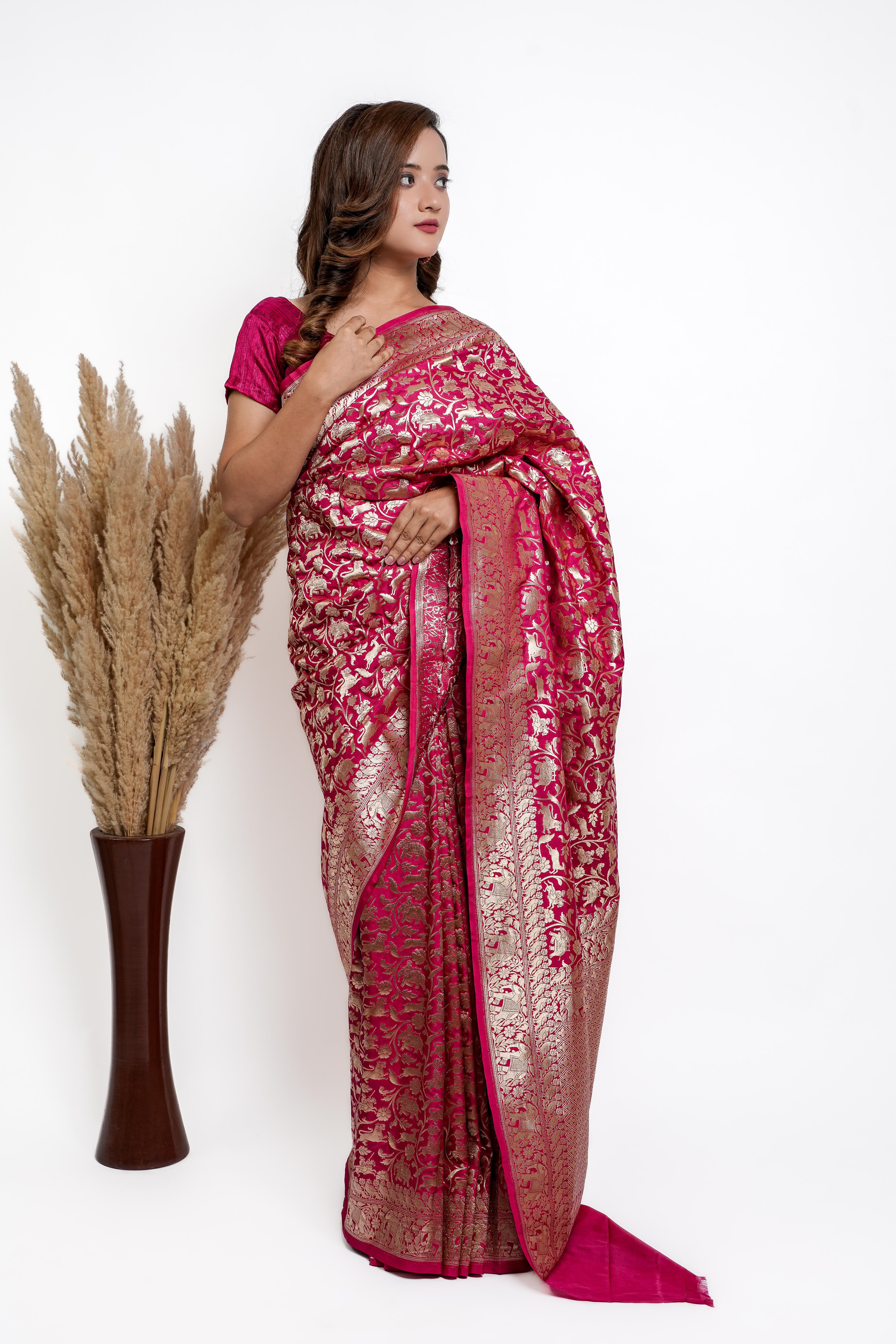 Banarasi Silk Saree(Rani Pink, Shikargah)