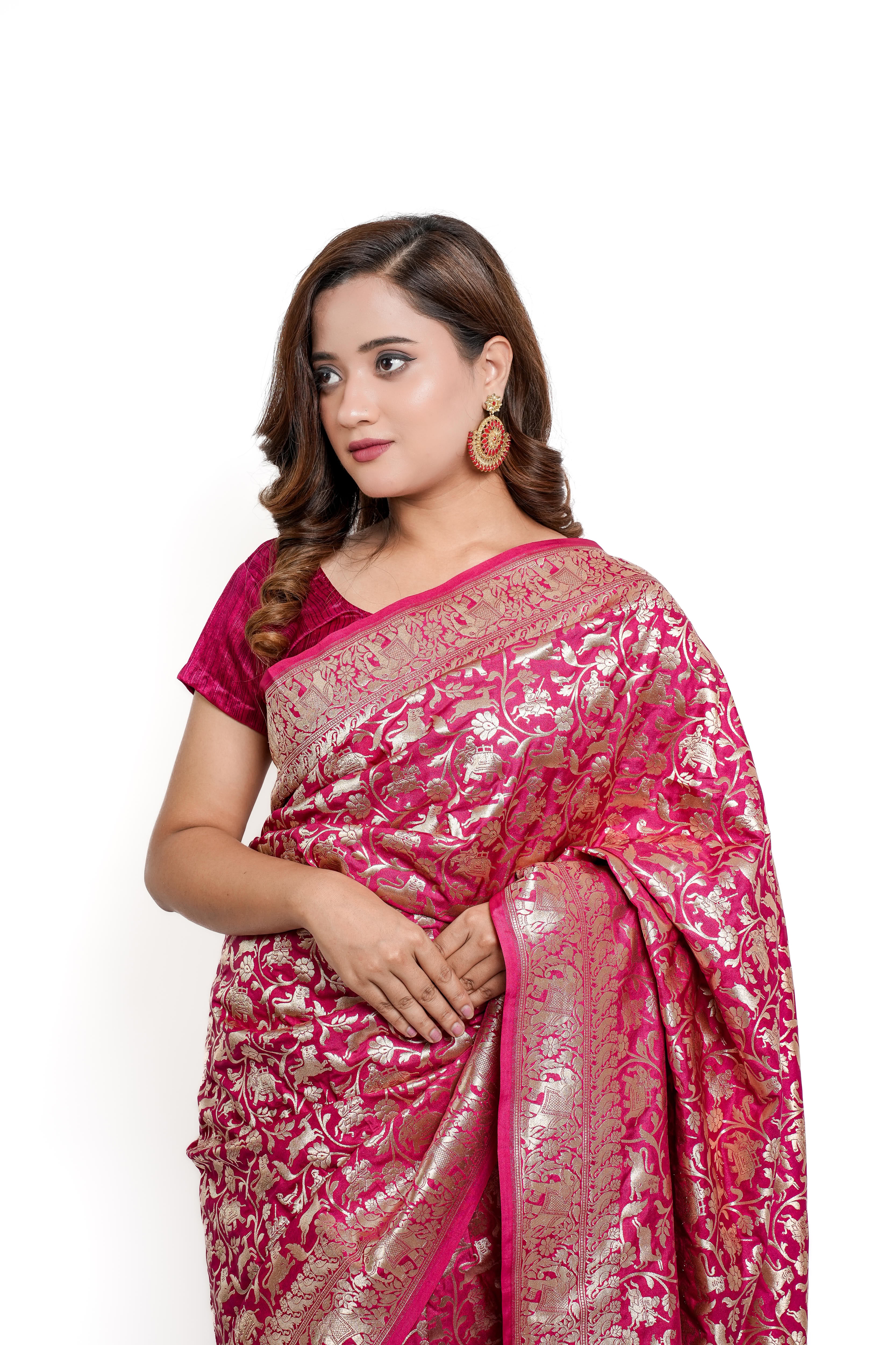 Banarasi Silk Saree(Rani Pink, Shikargah)