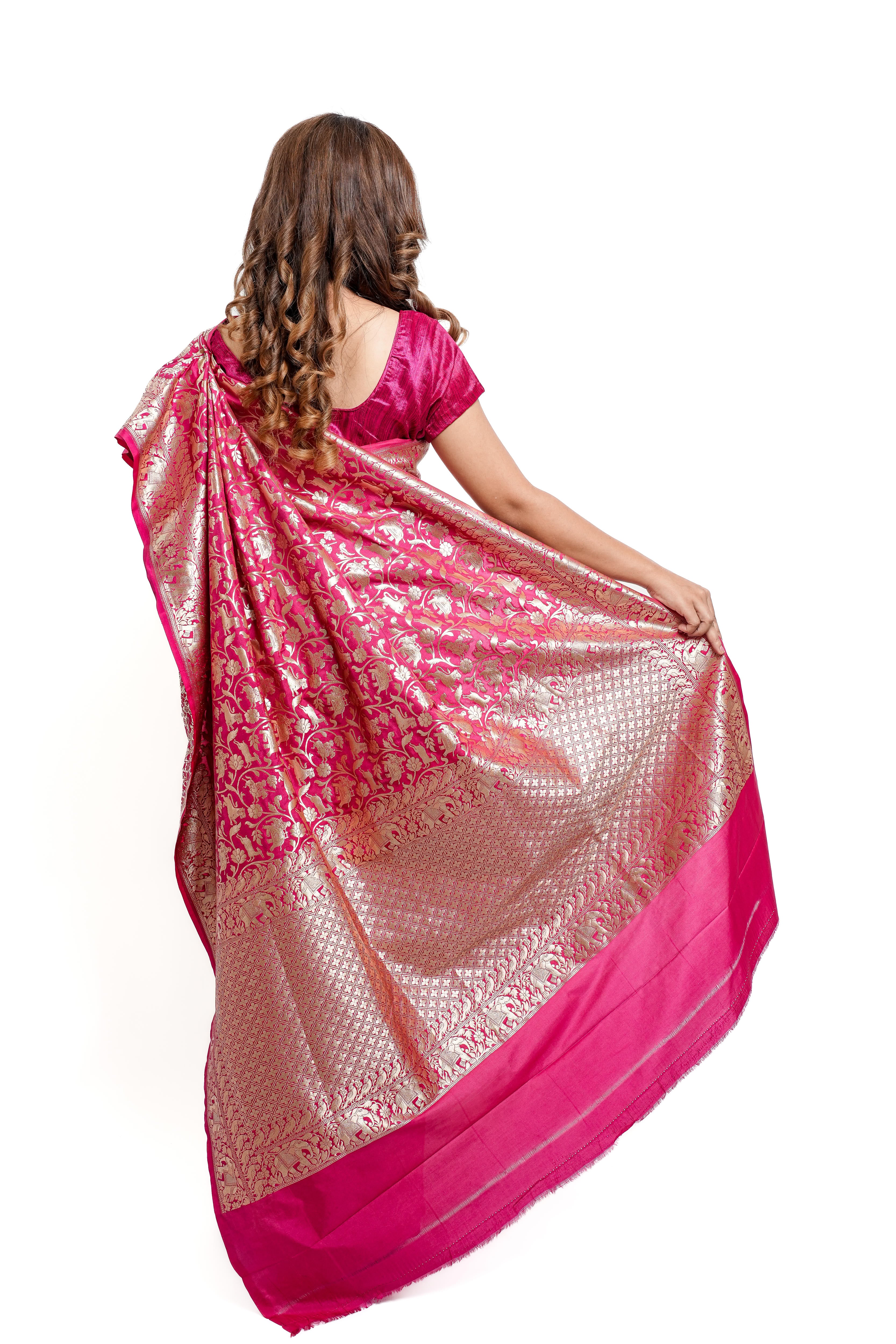 Banarasi Silk Saree(Rani Pink, Shikargah)