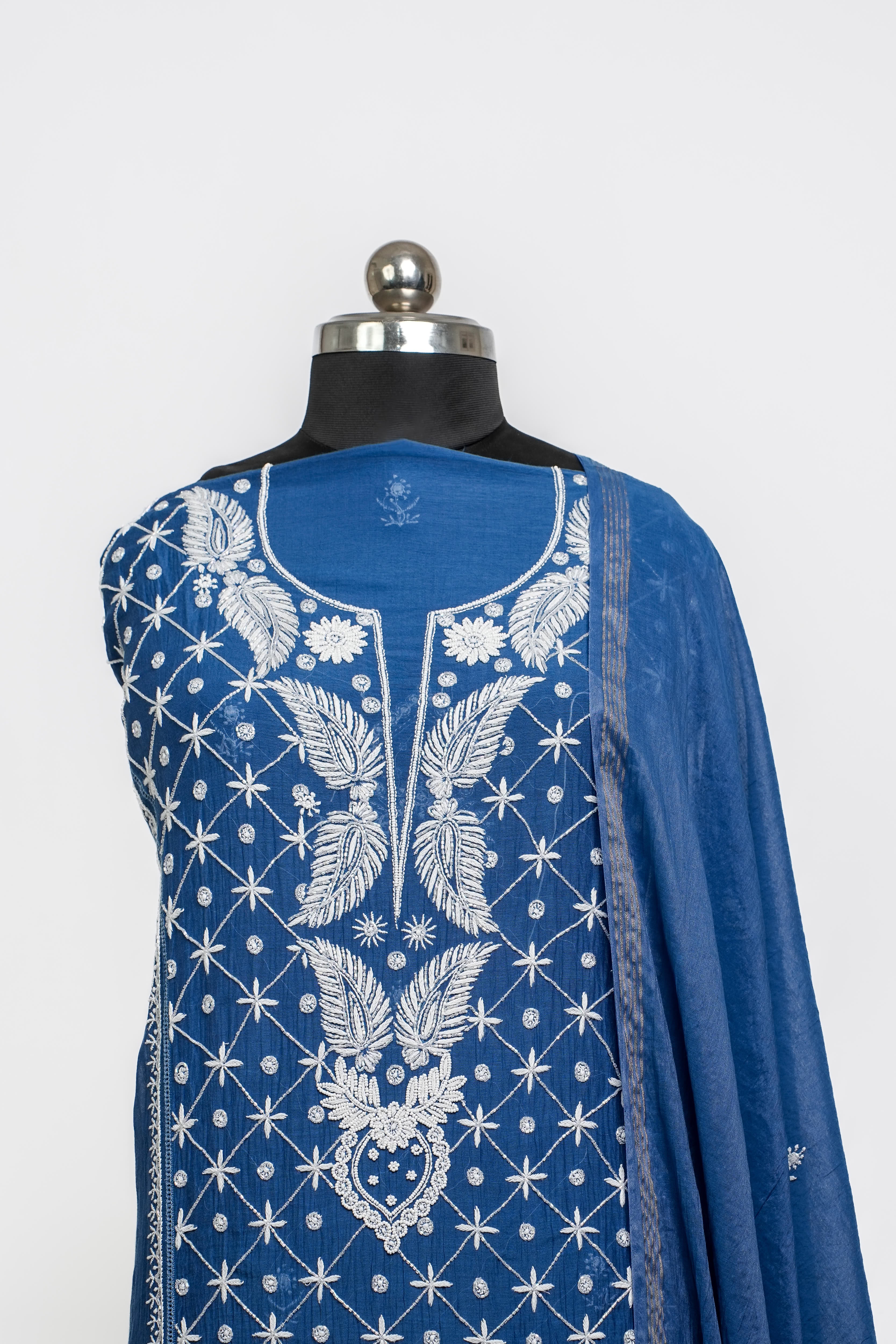 Mul Chanderi Chikankari Suit with Cutdana Moti(2 Piece, Semi-stitched, Teal)