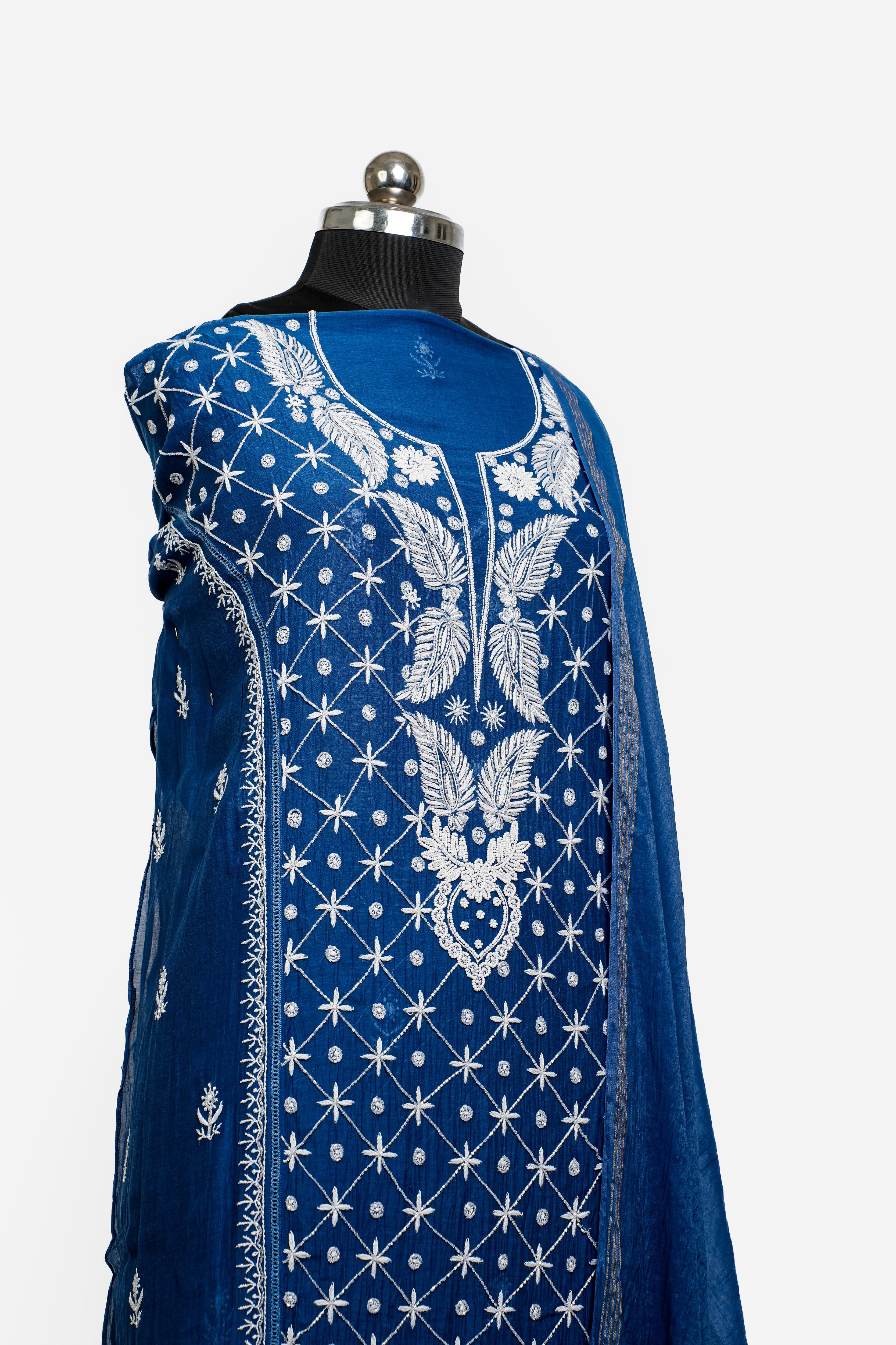 Mul Chanderi Chikankari Suit with Cutdana Moti(2 Piece, Semi-stitched, Teal)