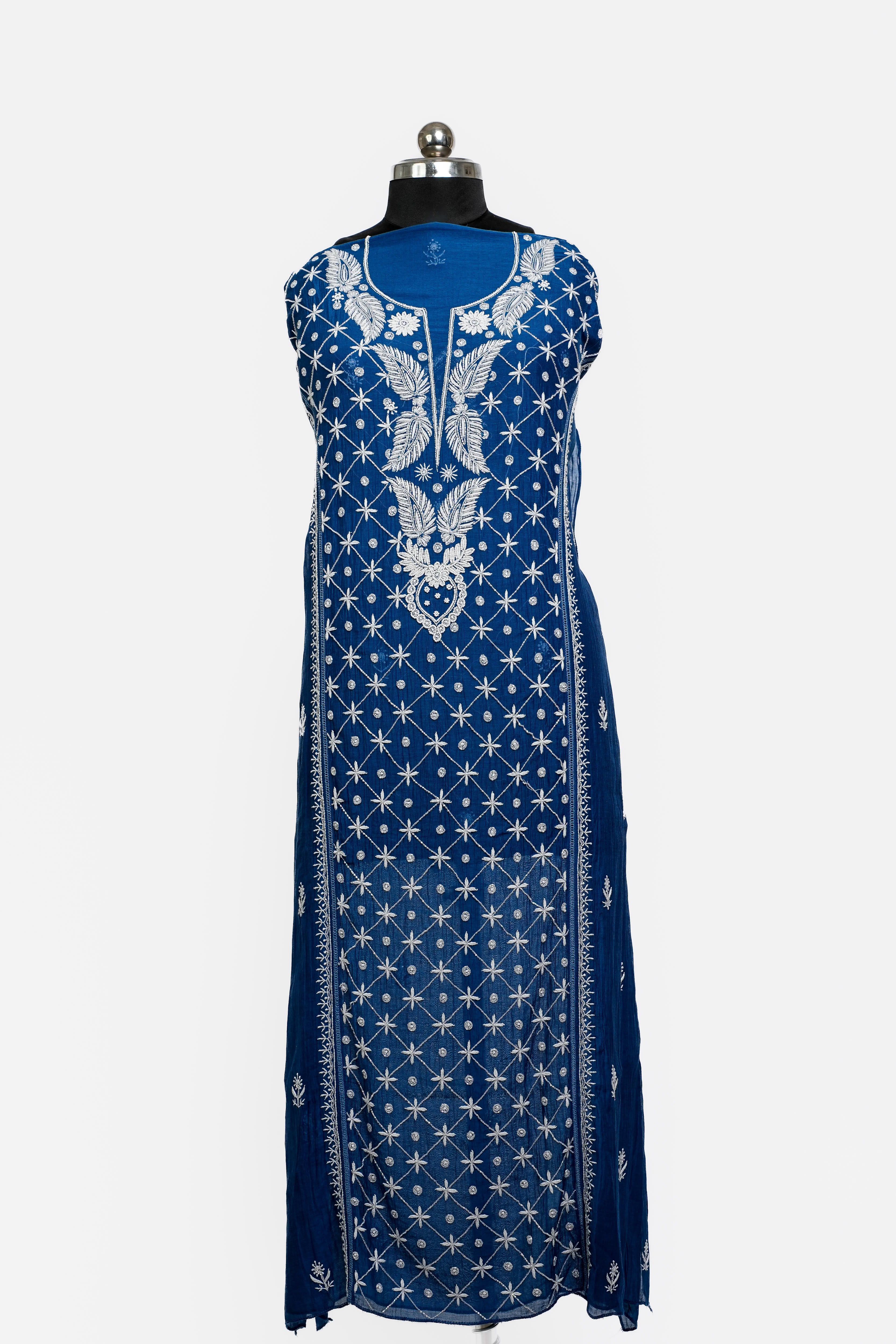 Mul Chanderi Chikankari Suit with Cutdana Moti(2 Piece, Semi-stitched, Teal)