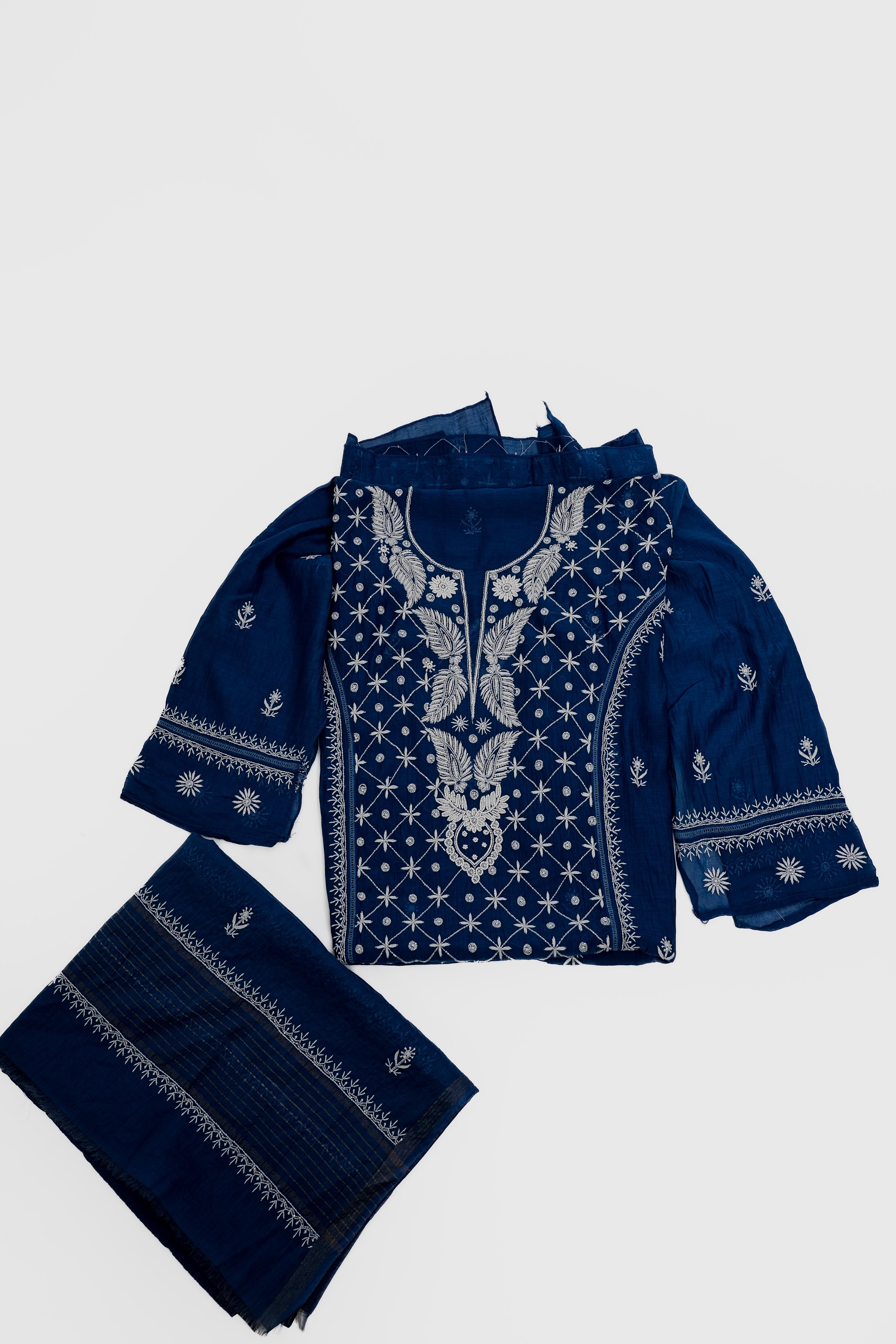 Mul Chanderi Chikankari Suit with Cutdana Moti(2 Piece, Semi-stitched, Teal)