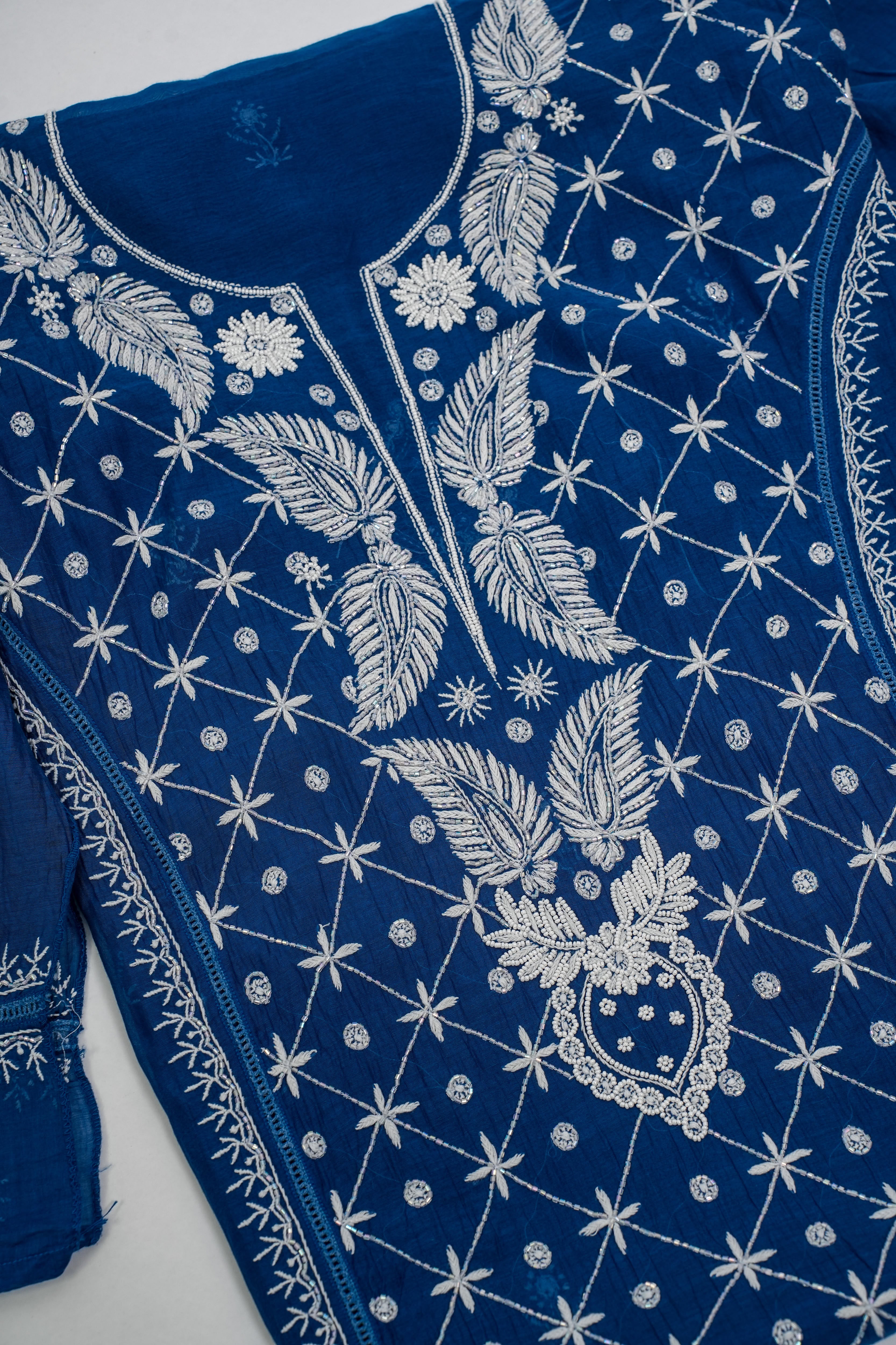 Mul Chanderi Chikankari Suit with Cutdana Moti(2 Piece, Semi-stitched, Teal)