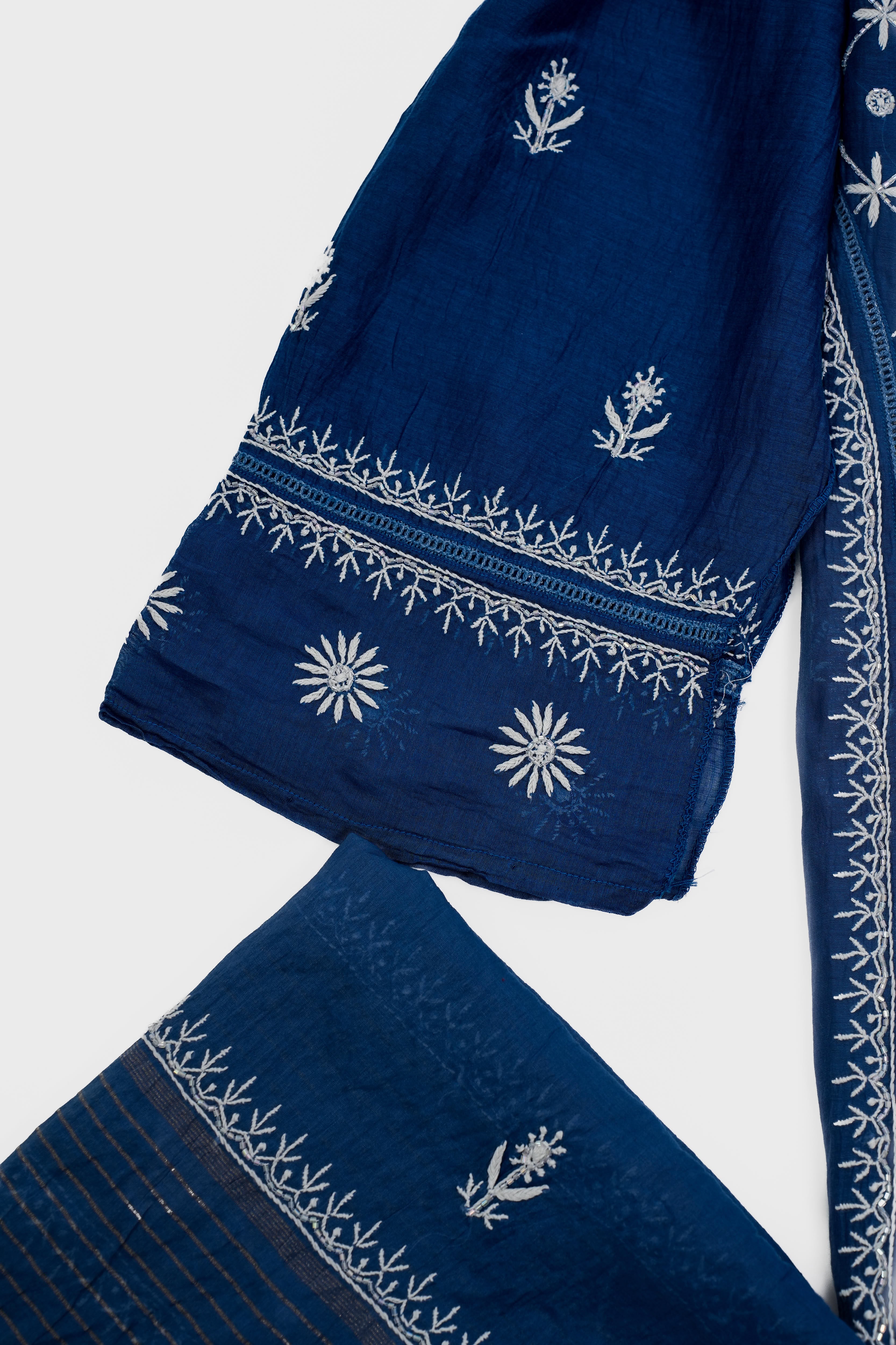 Mul Chanderi Chikankari Suit with Cutdana Moti(2 Piece, Semi-stitched, Teal)