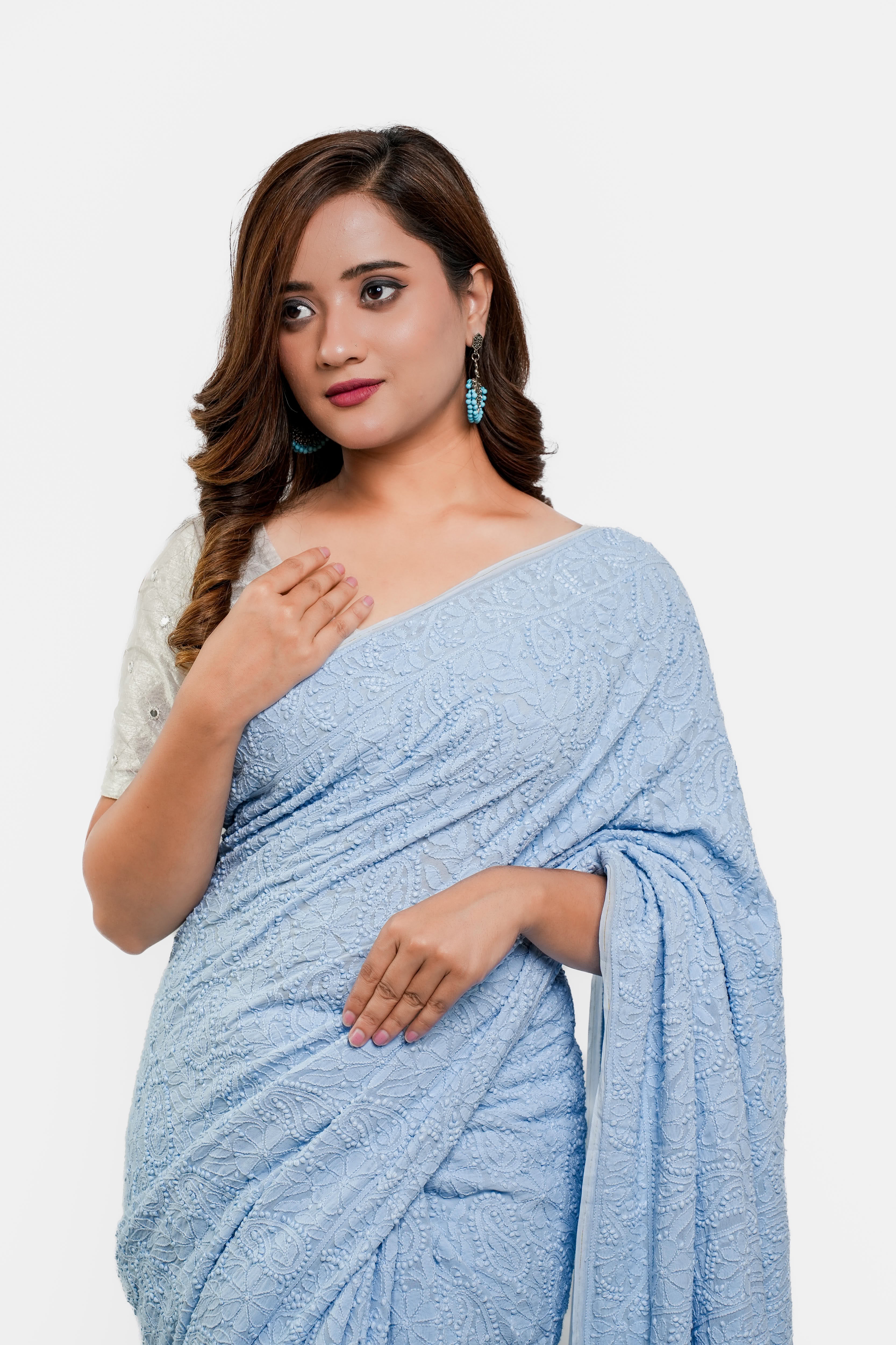 Georgette Chikankari Saree with All Over Paisley Work (Powder Blue)