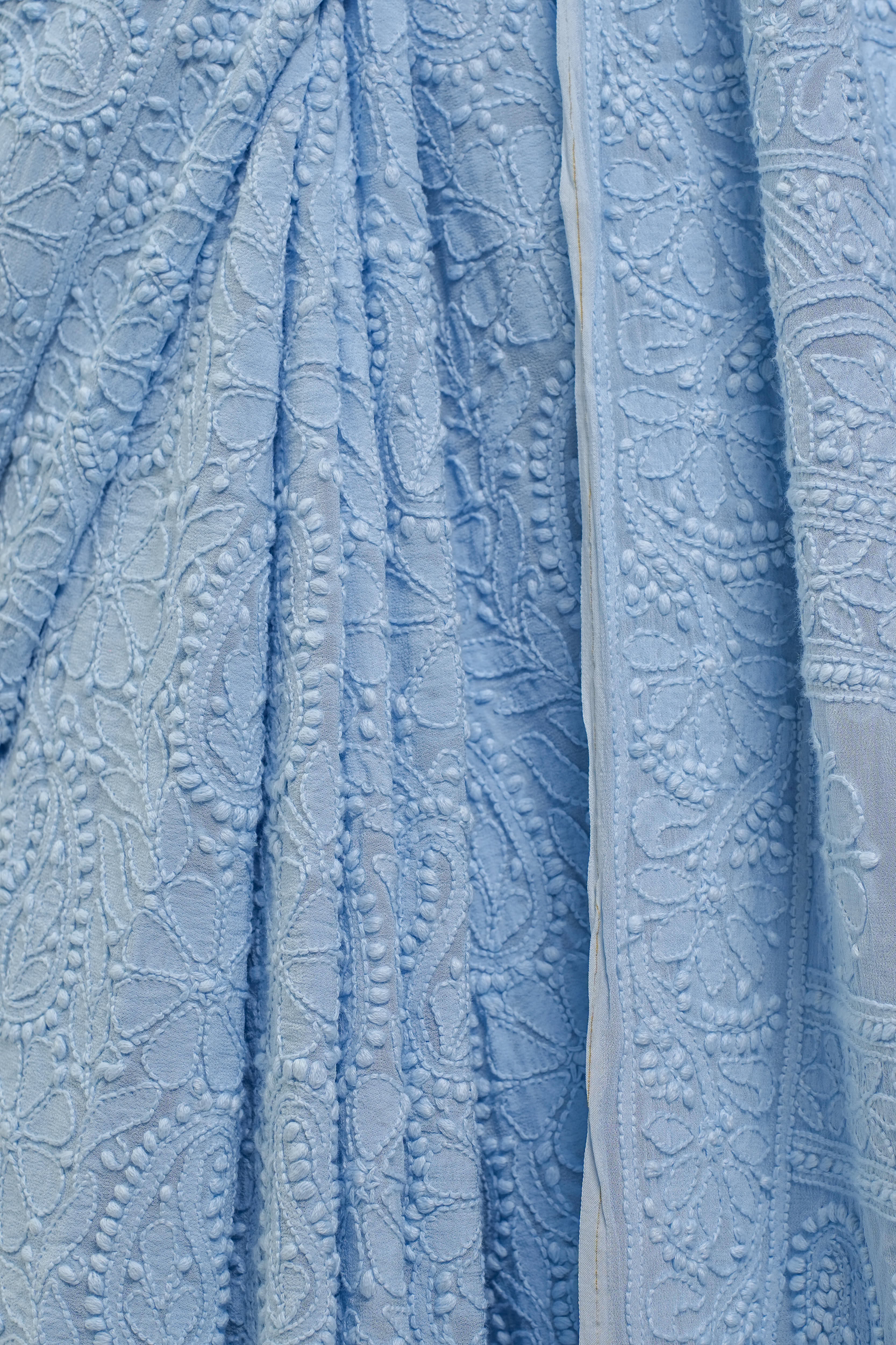 Georgette Chikankari Saree with All Over Paisley Work (Powder Blue)