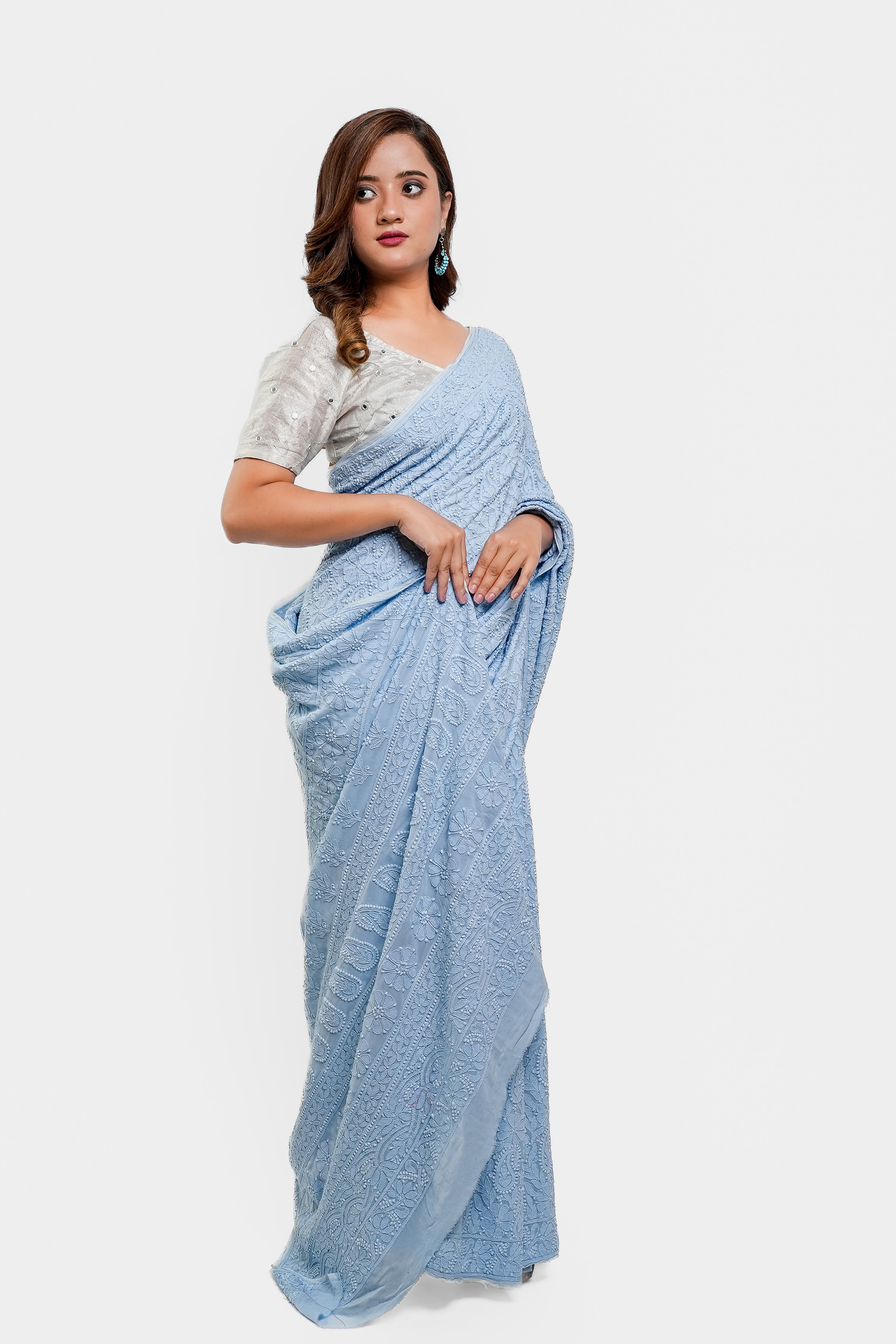 Georgette Chikankari Saree with All Over Paisley Work (Powder Blue)