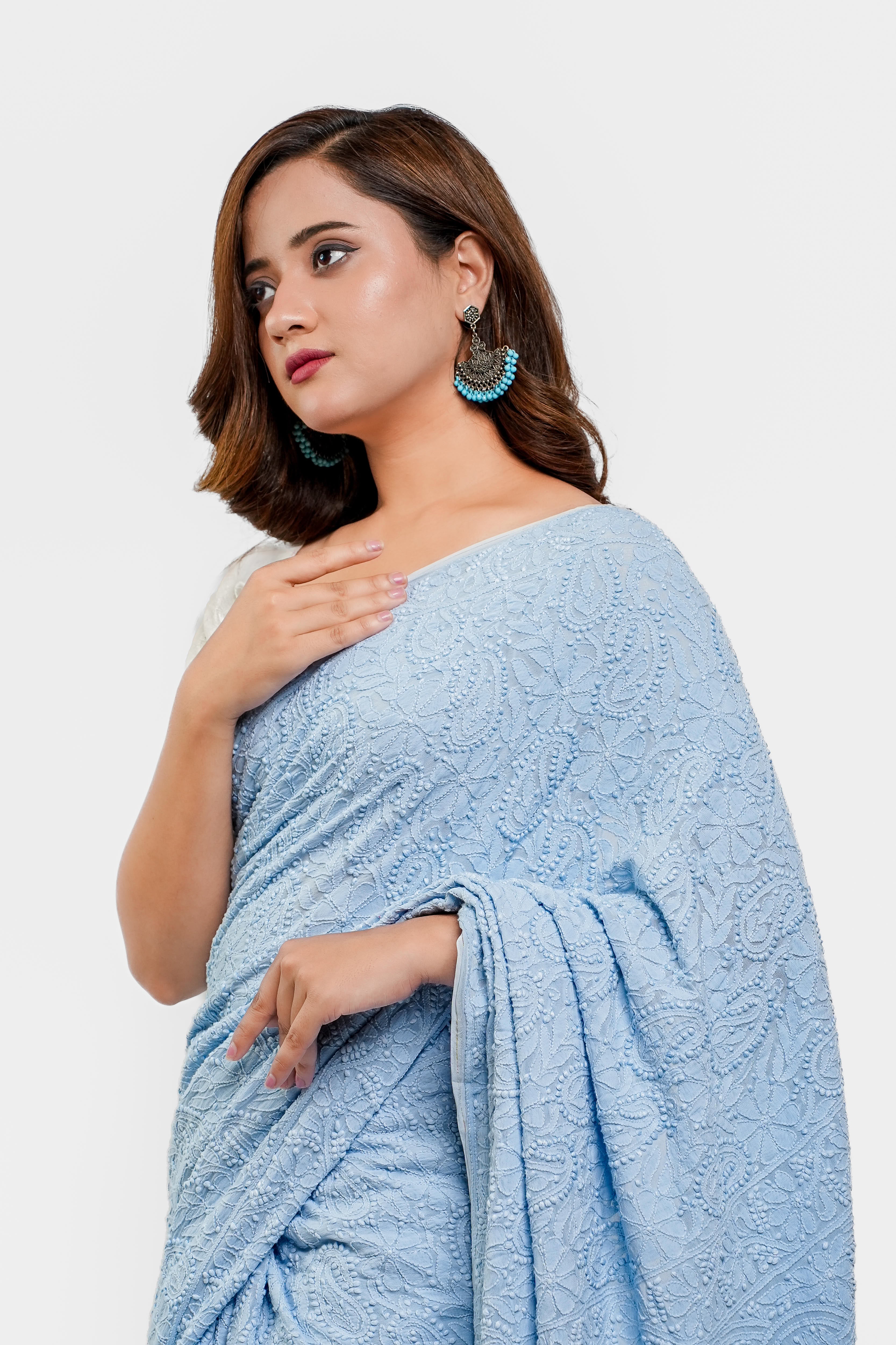Georgette Chikankari Saree with All Over Paisley Work (Powder Blue)