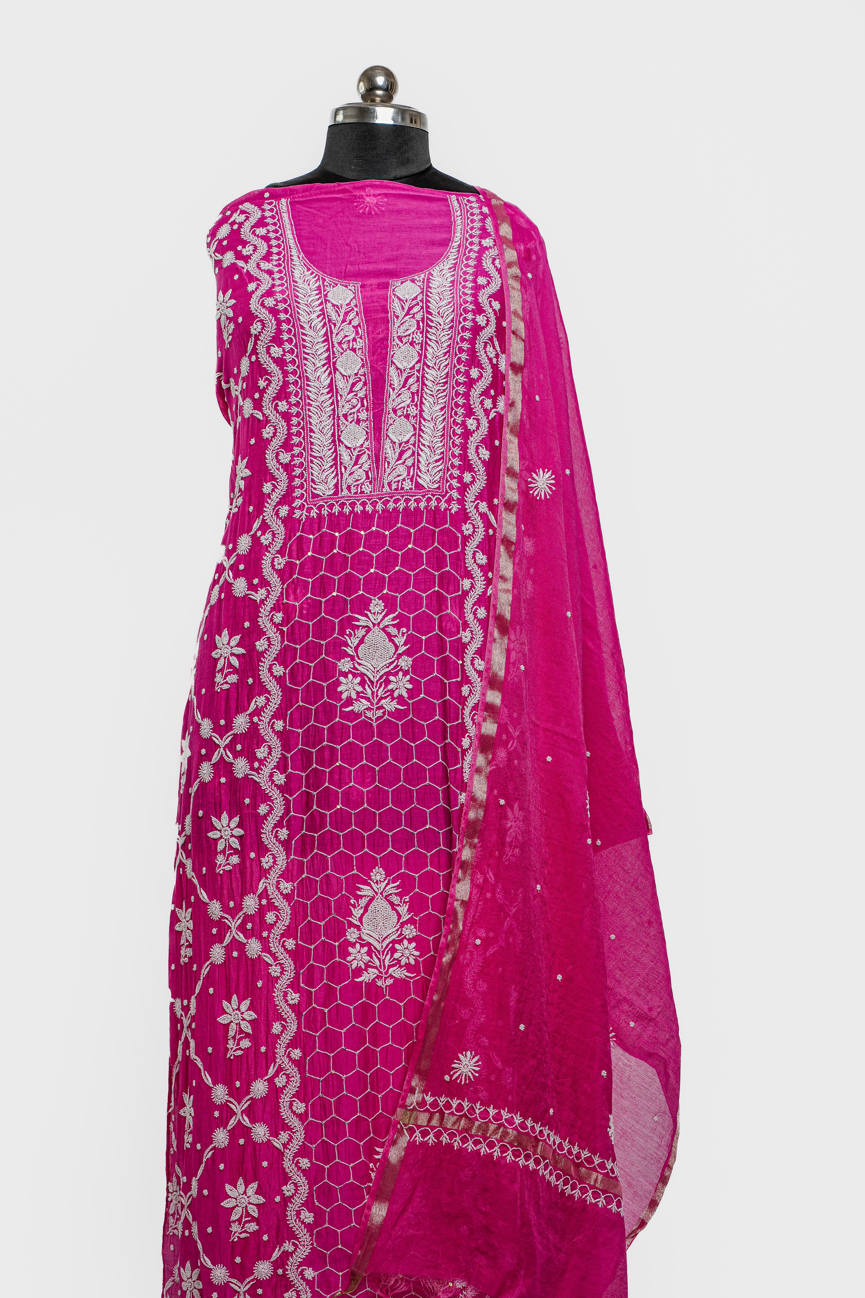 Mul Chanderi Chikankari Suit with Cutdana Moti & Sequin Work(2 Piece, semi-stitched, Hot Pink)