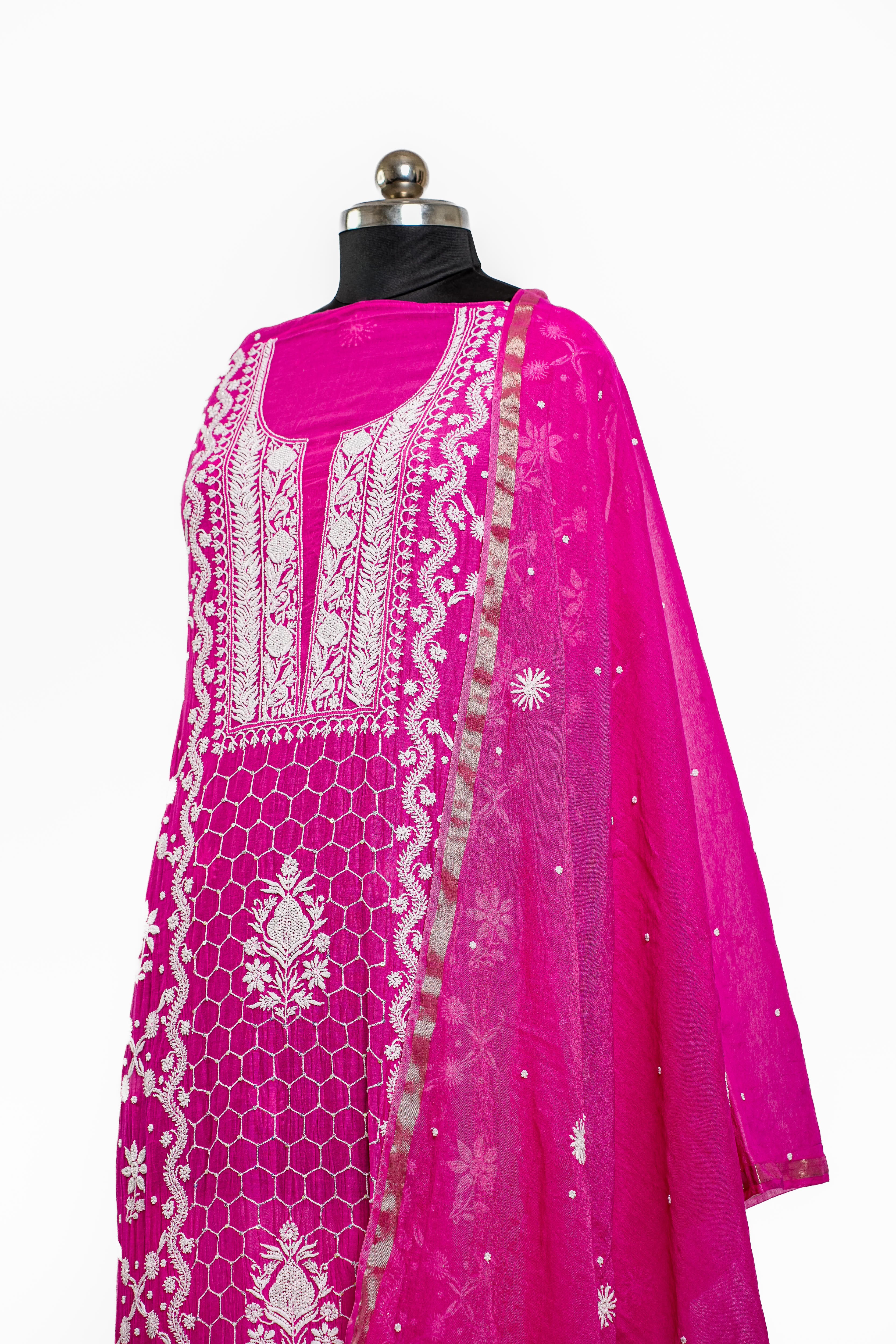Mul Chanderi Chikankari Suit with Cutdana Moti & Sequin Work(2 Piece, semi-stitched, Hot Pink)