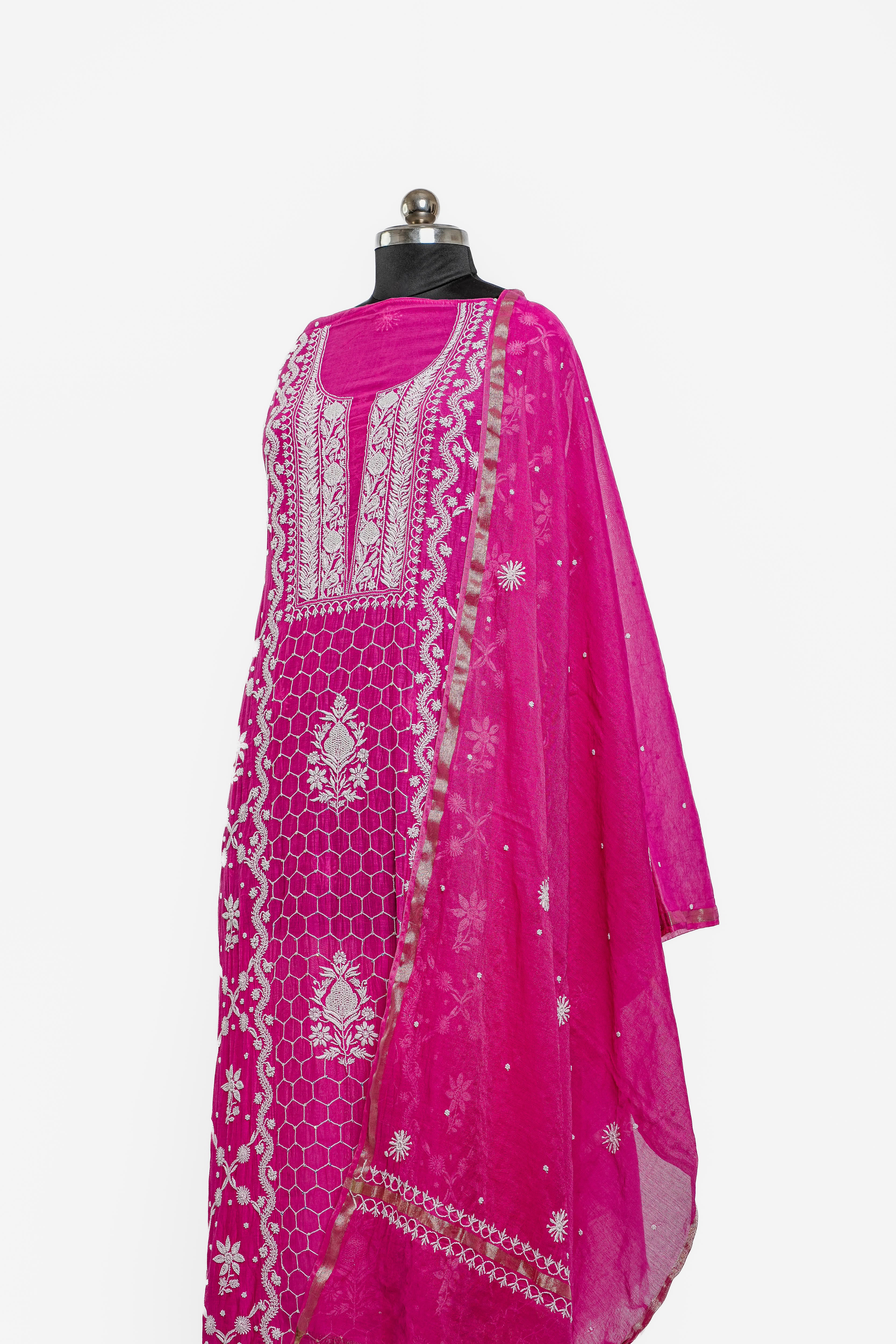 Mul Chanderi Chikankari Suit with Cutdana Moti & Sequin Work(2 Piece, semi-stitched, Hot Pink)