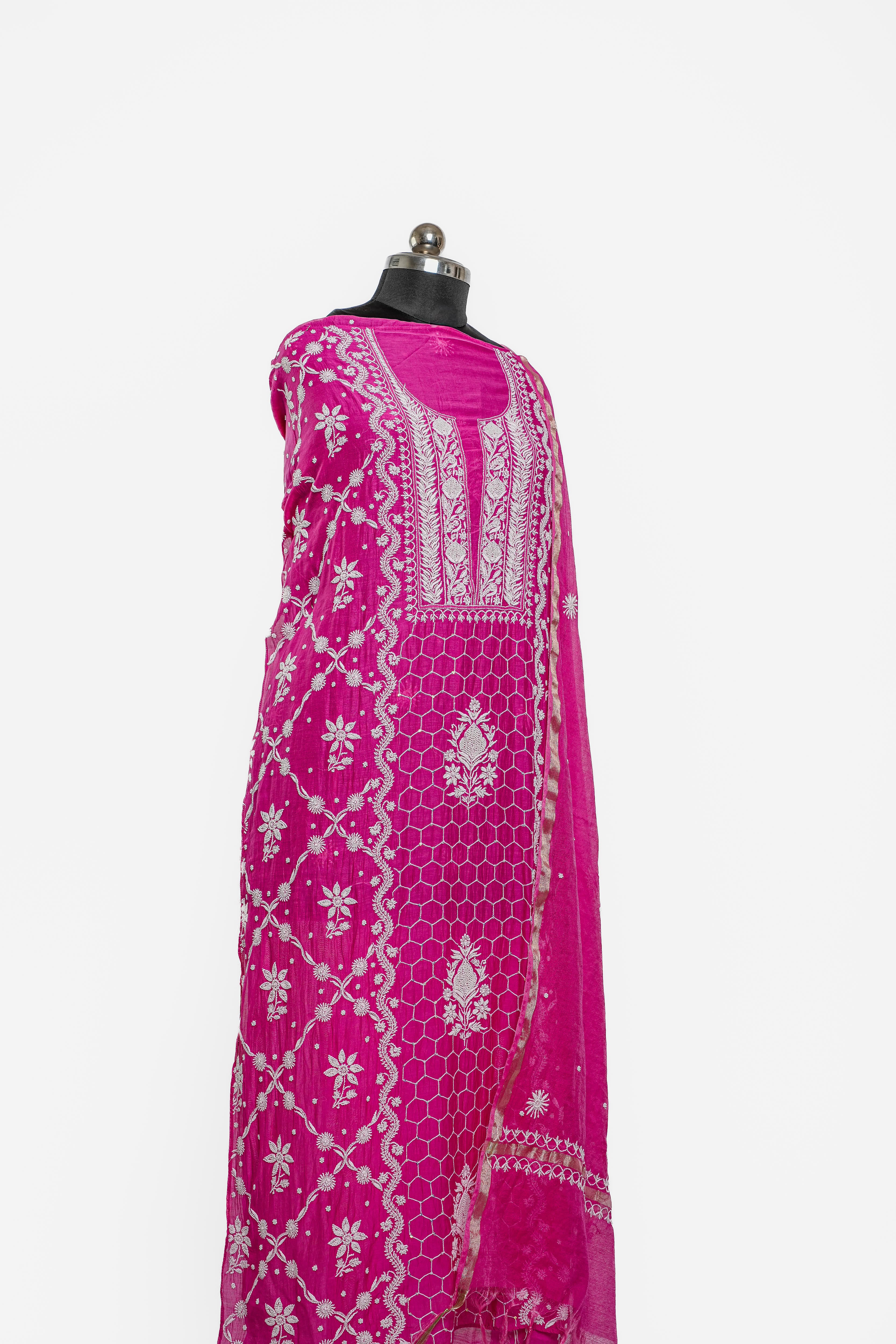 Mul Chanderi Chikankari Suit with Cutdana Moti & Sequin Work(2 Piece, semi-stitched, Hot Pink)