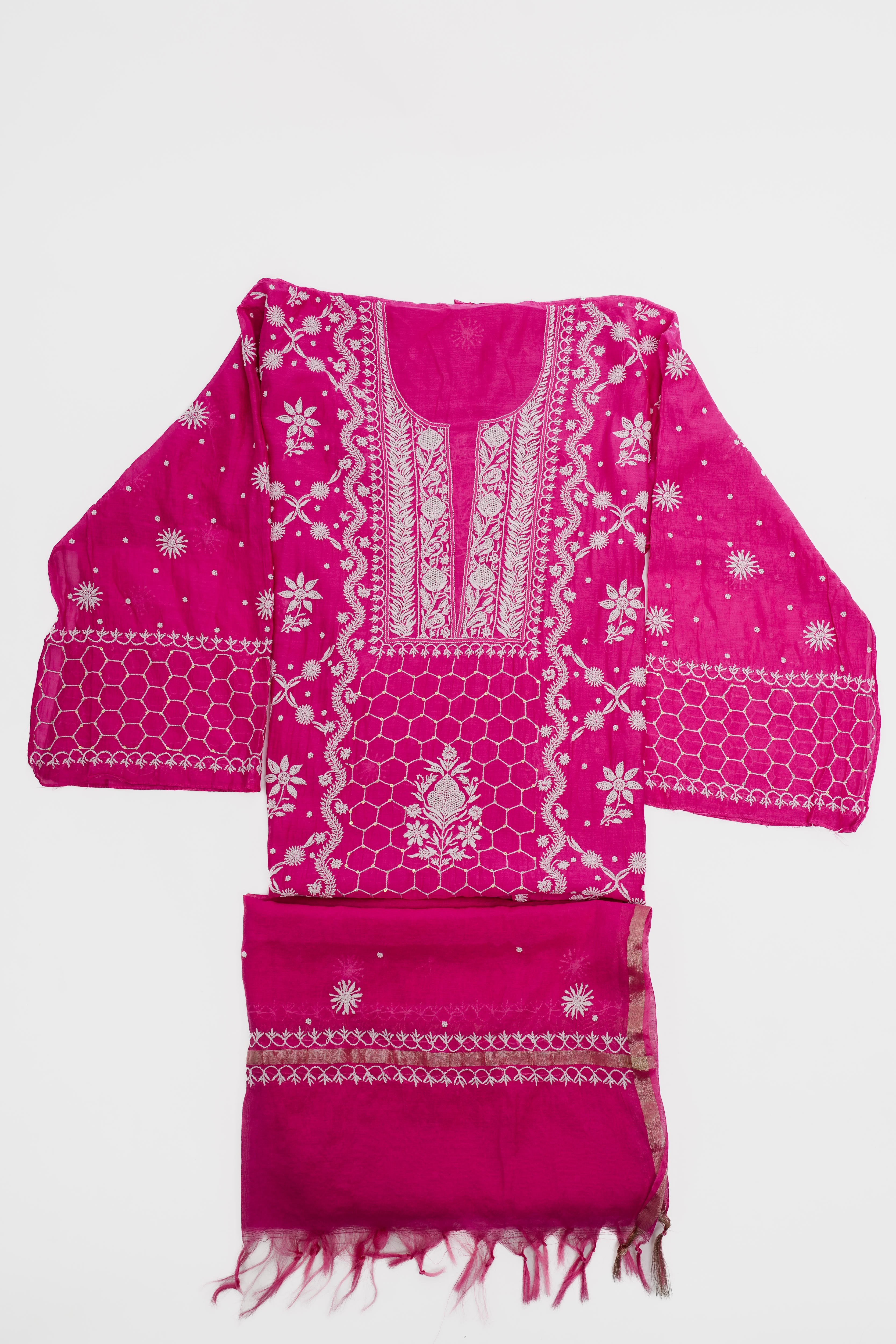 Mul Chanderi Chikankari Suit with Cutdana Moti & Sequin Work(2 Piece, semi-stitched, Hot Pink)